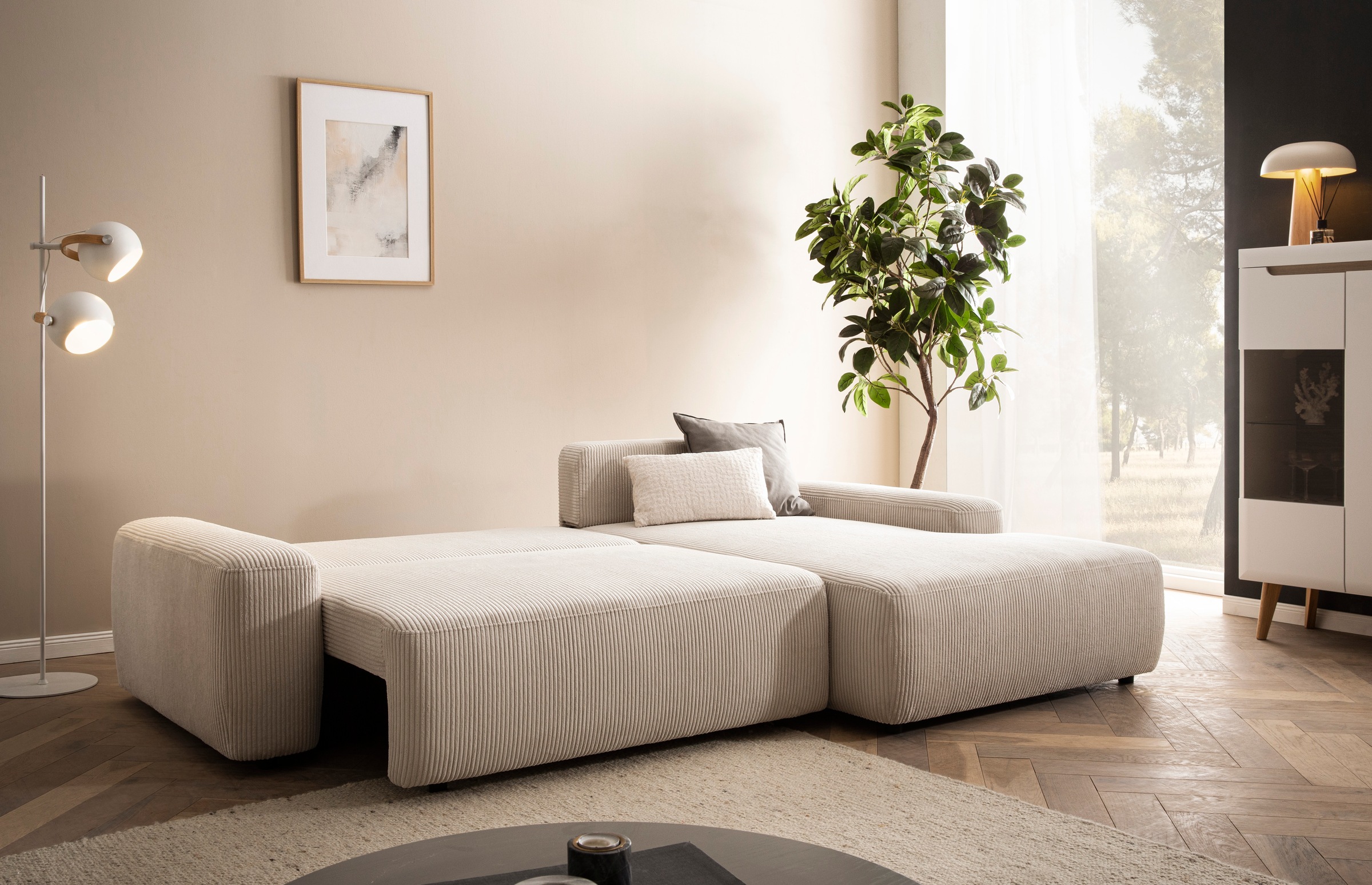 INOSIGN Ecksofa »TORGE (264cm), Schlafsofa in Cord, Samtvelours o Struktur fein, L-Form«, Schlaffunktion, Bettkasten, Liegefläche: 125/210 cm