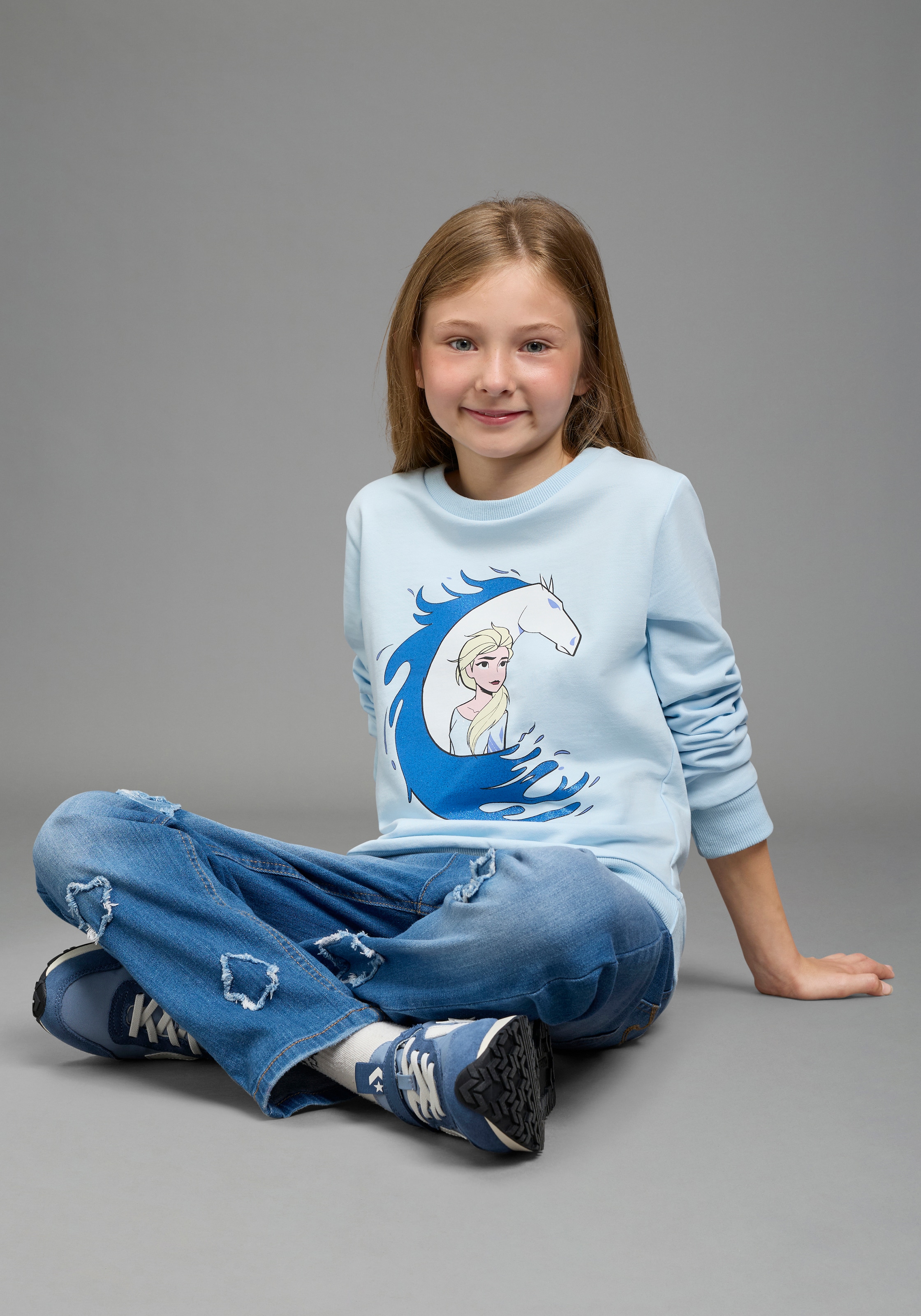 KIDSWORLD Sweatshirt »FROZEN Glitzerdruck Sweatshirt, Disney«, mit Rundhalsausschnitt, Langarm, hüftlange Basic-Passform
