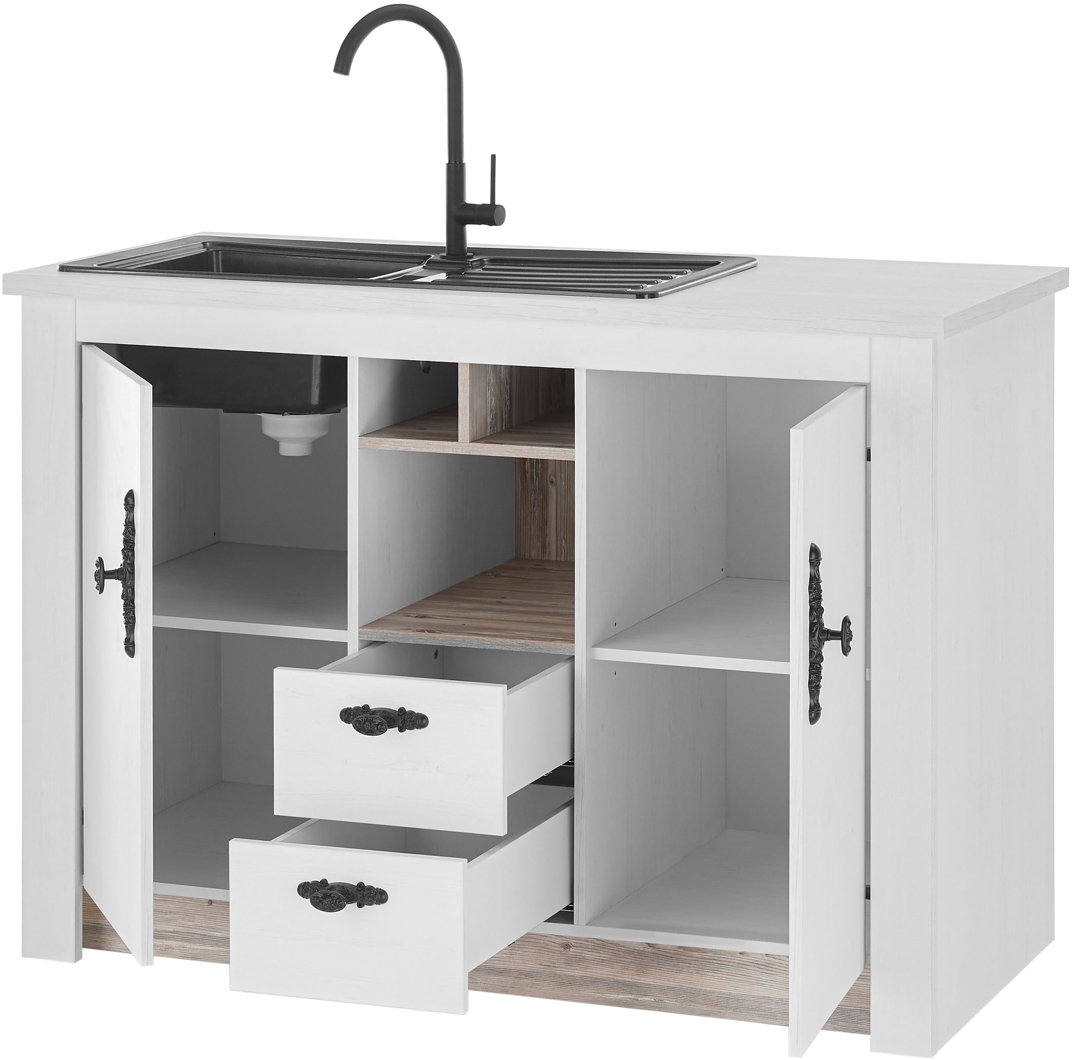 Home affaire Spülenschrank »Florenz, Küchenunterschrank in Pinie Weiß, Unterschrank«, mit verschnörkeltem Metallgriff, im Landhausstil, Arbeitshöhe 92 cm