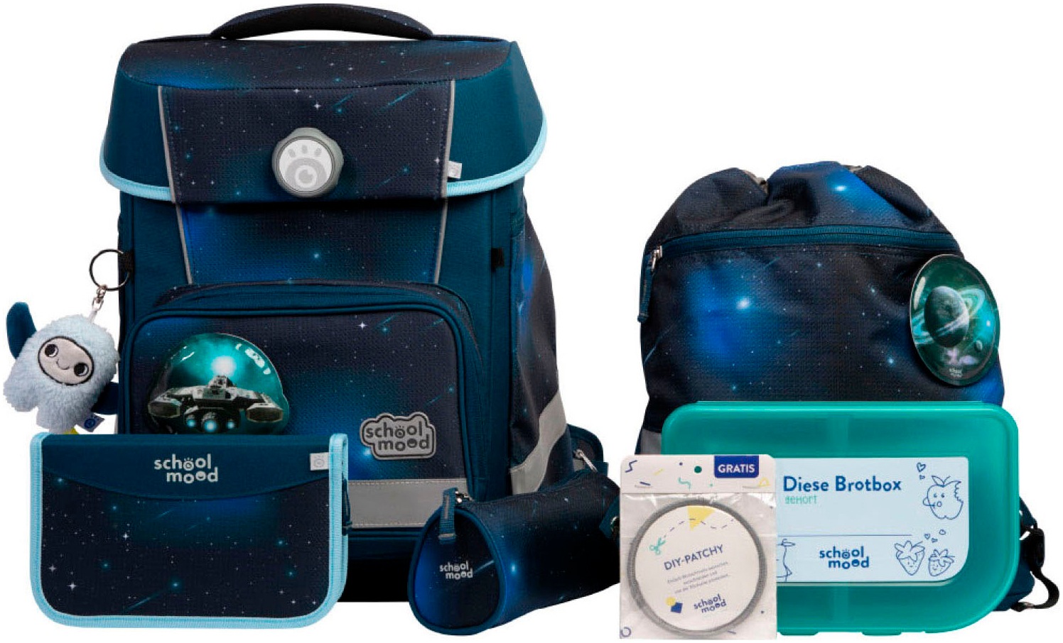 SCHOOL-MOOD Schulranzen »Champion Maxx Pro« retroreflektierende Flächen mit LED-Patchy Moritz (Weltall) mit Moodie Willi Wissbegier