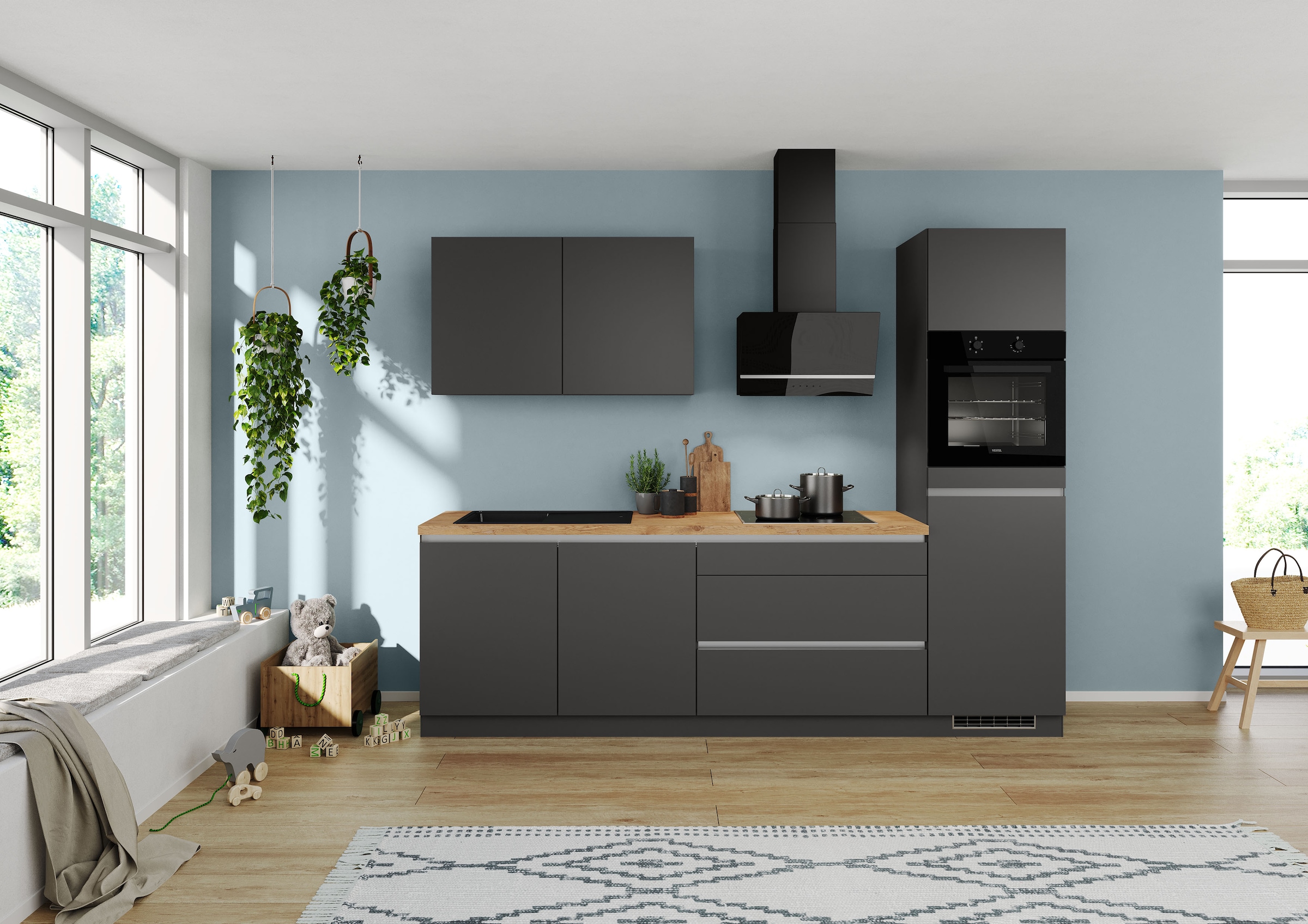 IMPULS KÜCHEN Küchenzeile »"Dublin", Ausrichtung wählbar, Schubkästen mit Soft-Close,«, vormontiert, wahlweise mit E-Geräten, mit Vollauszug, Breite 280 cm
