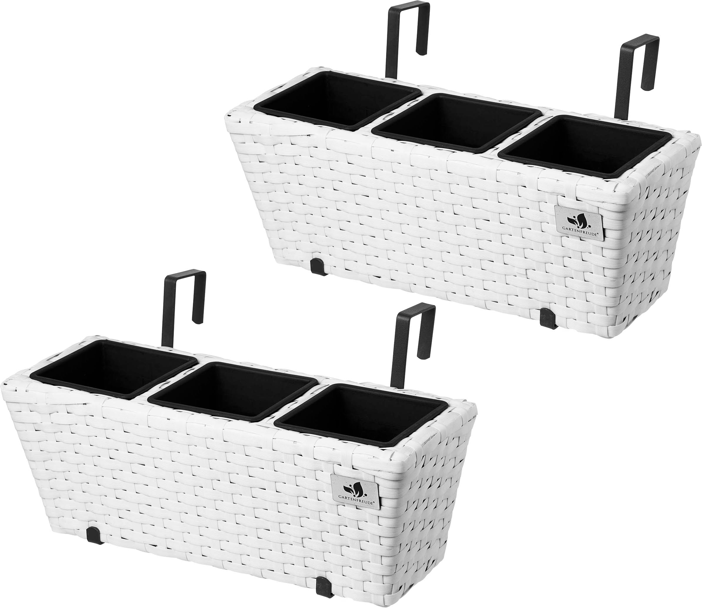 GARTENFREUDE Polyrattan Balkonkasten - 60x19x20 Cm, Schwarz, Mit Aufhängung & Überlauf Für Wasserreservoir