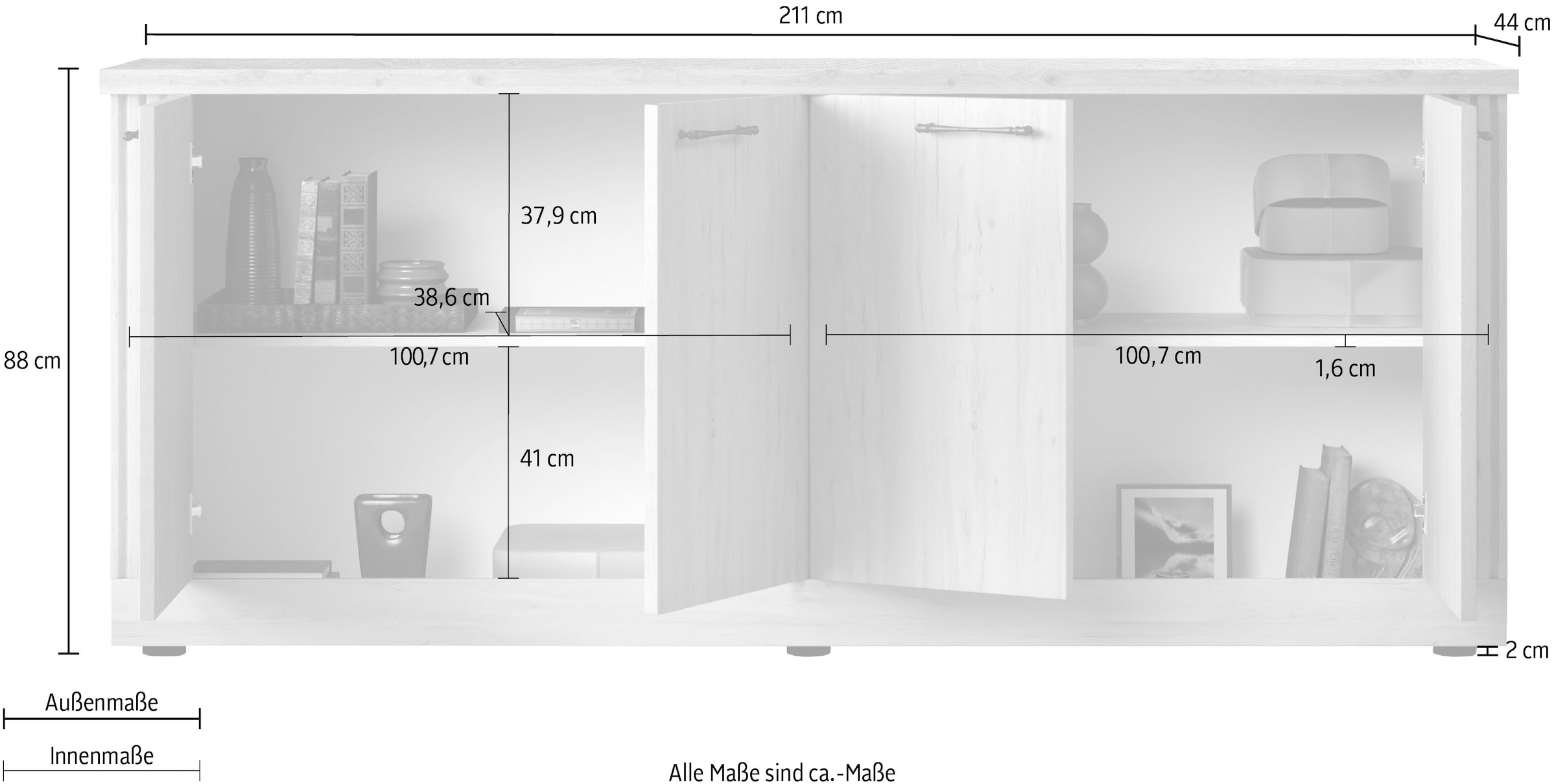 Home affaire Sideboard »Country Breite 211 cm, Kommode mit 4 Türen, Anrichte im«, Landhausstil, viel Stauraum, mit Metallgriffe, MDF Rahmen