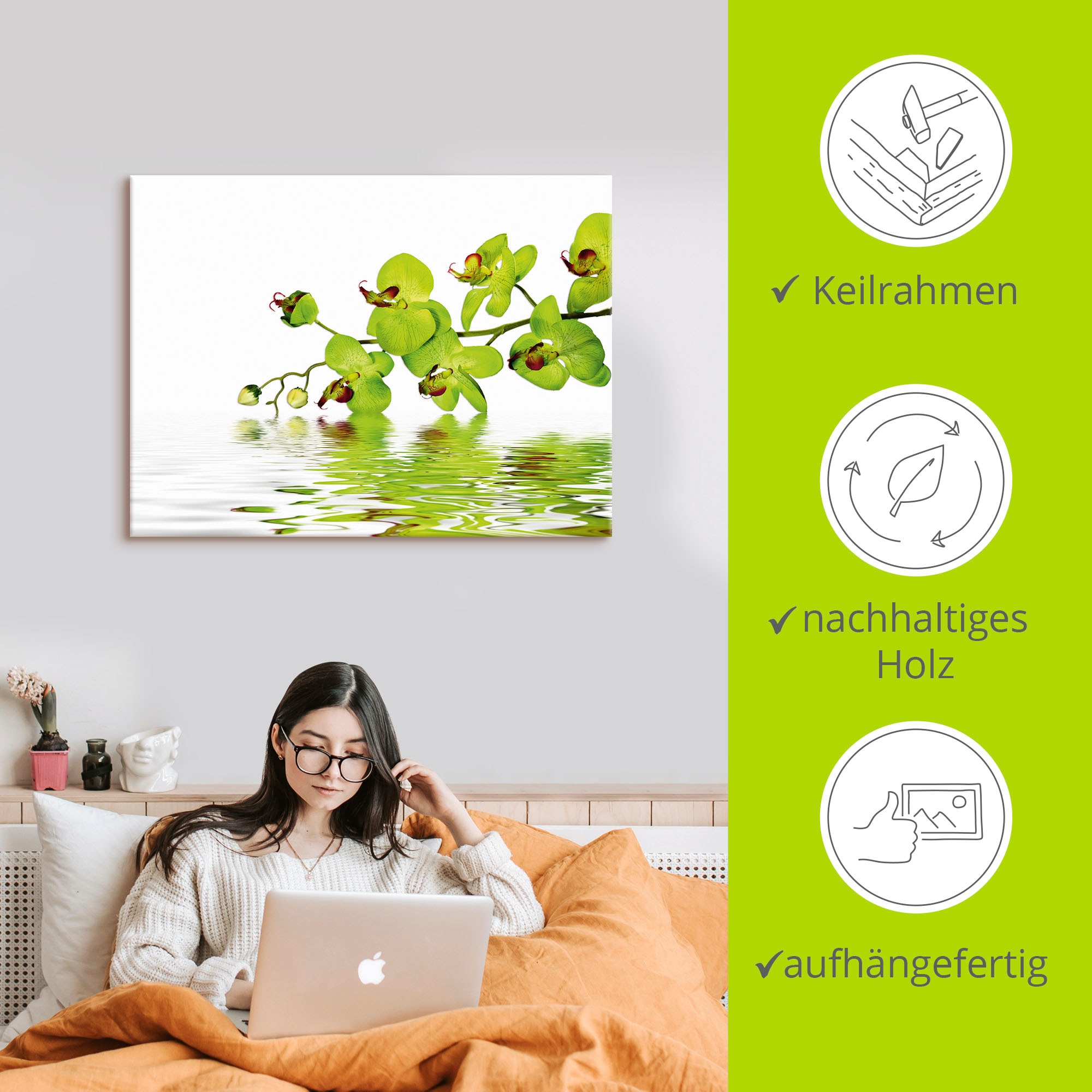 Artland Wandbild »Schöne Orchidee mit grünem Hintergrund«, Blumen, (1 St.), als Leinwandbild, Wandaufkleber in verschied. Größen