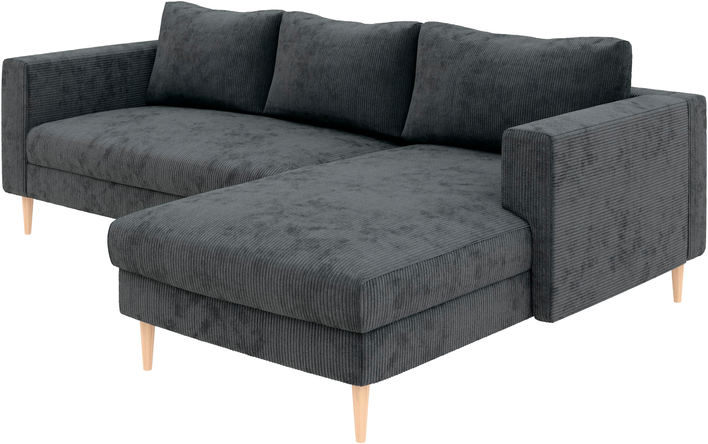TRENDMANUFAKTUR Ecksofa »Amazing, wahlw. mit Schlaffunktion & Bettkasten, Fuß Buche lackiert« Recamiere beidseitig montierbar, L-Form,in Cord o. Struktur, B: 232 cm