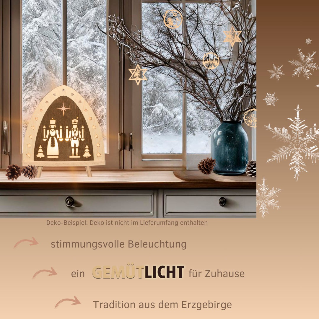 Weigla LED Lichterbogen »Engel und Bergmann, Dekoleuchte aus Holz, NATUR-BRAUN«, Erzgebirge garantiert, Weihnachtsdeko Innen, Weihnachtsbeleuchtung
