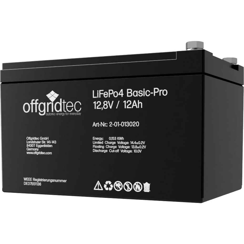 offgridtec Akku »LiFePo4 Basic-Pro 12,8V/12Ah/128Wh«, 154 mAh, 12 V