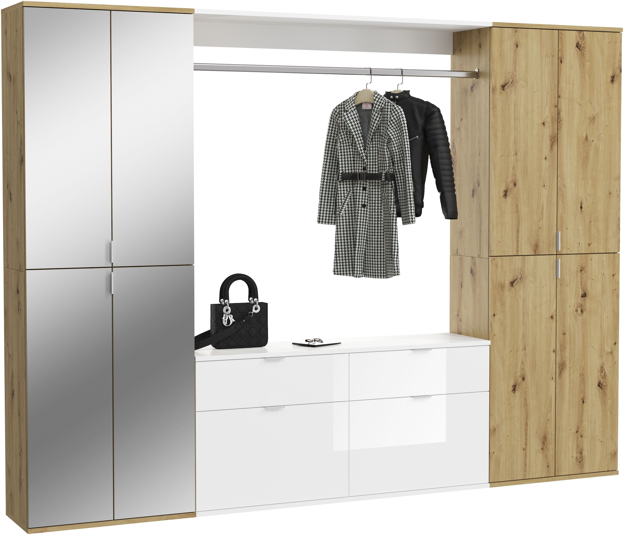 INOSIGN Garderoben-Set »Trondheim, Breite 243 cm, 5-teilig, bestehend aus:«, (Set, 4 St.), 2x Garderobenschrank, 1 Kommode, 1 Garderobenstange, 1 Ablageboden