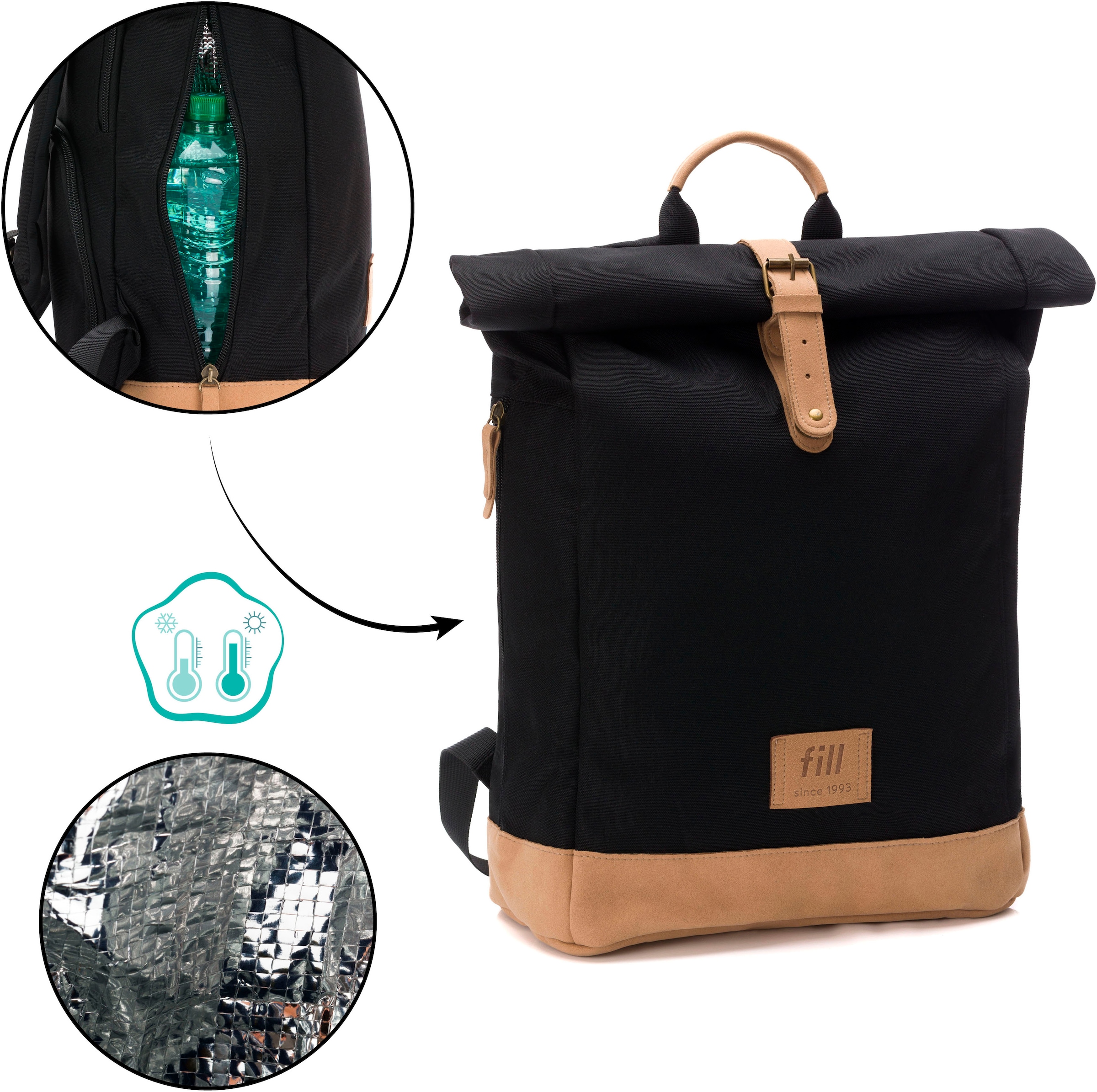 Fillikid Wickelrucksack »Rolltop Berlin schwarz«, Reflektoren, inkl. Wickeltunterlage