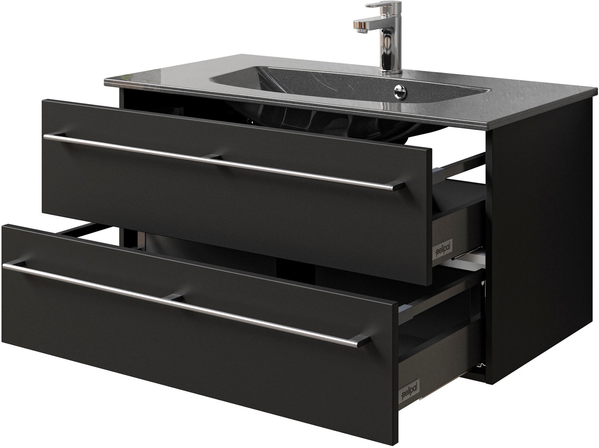Saphir Badmöbel-Set »Serie 6025 2-teilig Mineralmarmor-Waschtisch mit LED-Spiegelschrank«, (2 St.), Waschplatz 97 cm breit, 2 Schubladen, 3 Spiegel-Türen, inkl Türdämpfer