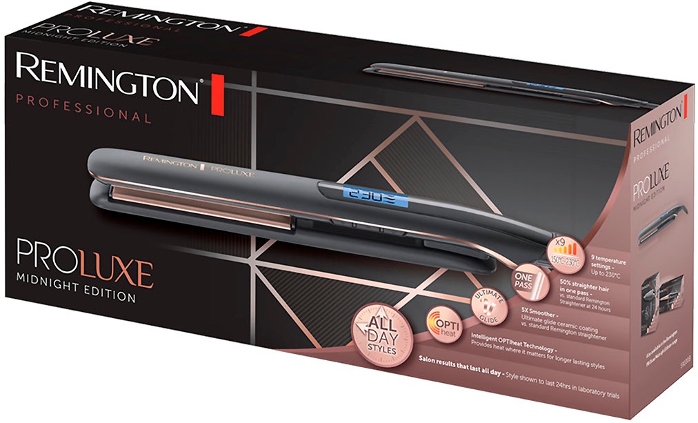 Remington Glätteisen »S9100B E51 PROluxe Midnight«, Ultimate-Glide-Keramik-Beschichtung, OPTIheat-Technologie, LCD display, 110mm lange Keramikstylingplatten