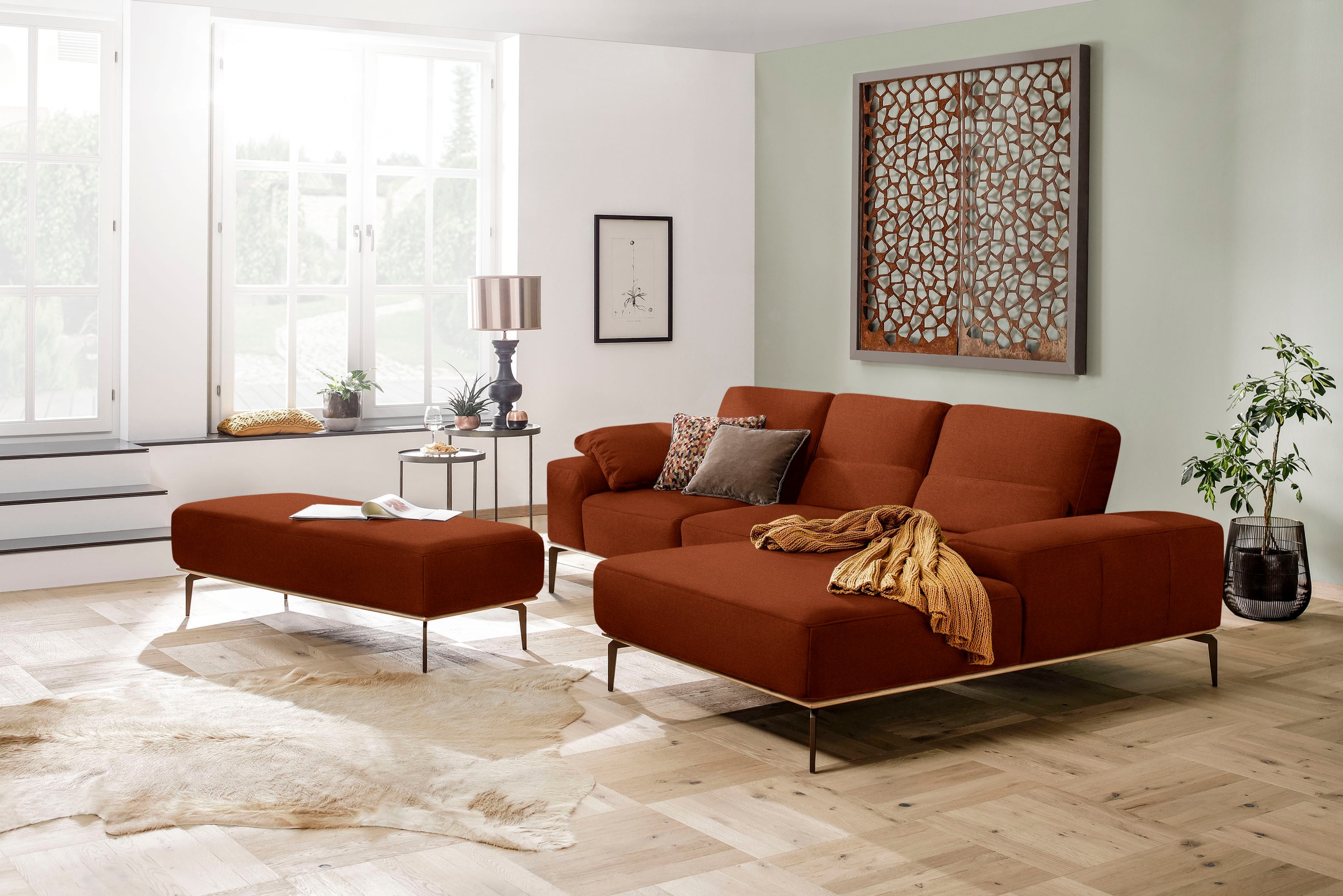 W.SCHILLIG Ecksofa »run, Designsofa mit tollem Sitzkomfort, bequem, L-Form«, mit Holzsockel, Füße in Bronze pulverbeschichtet, Breite 279 cm