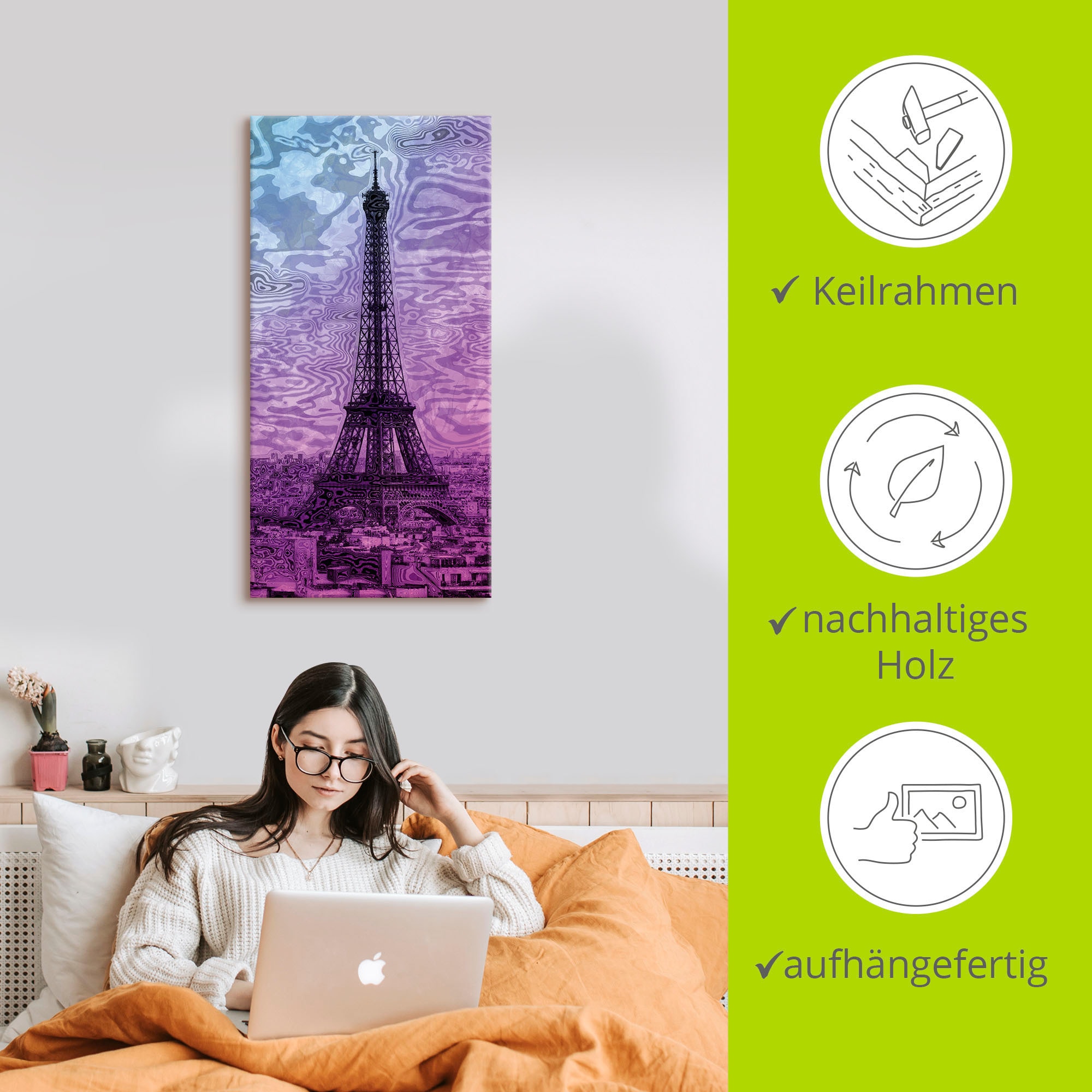 Artland Wandbild »Paris Eiffelturm Lila/Blau« Gebäude 1 Stk. tlg. auf Holzrahmen gespannt