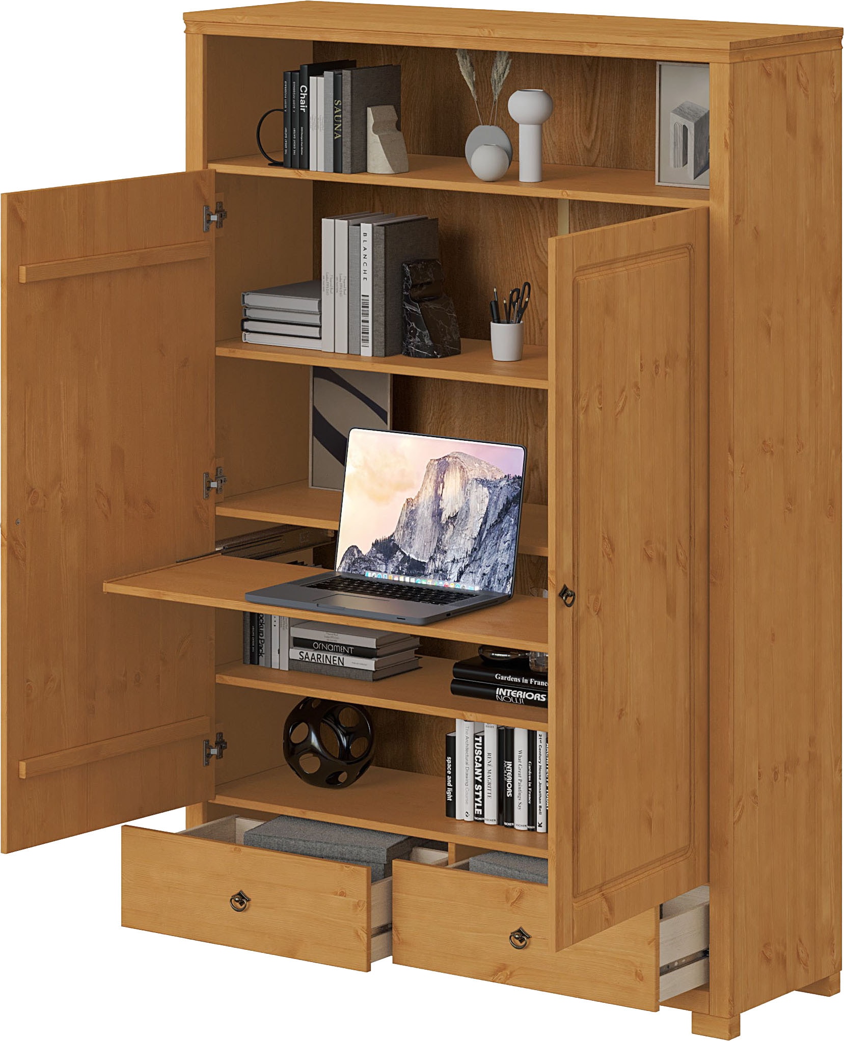 OTTO home Wäscheschrank »Clarius, Neuheit! Smarter ALLESKÖNNER, Mehrzweckschrank, Büroschrank«, (H/B/T ca. 178,4/124/40cm), mit Ausziehregal, Schublade, stabil + langlebig, Massivholz made in EU