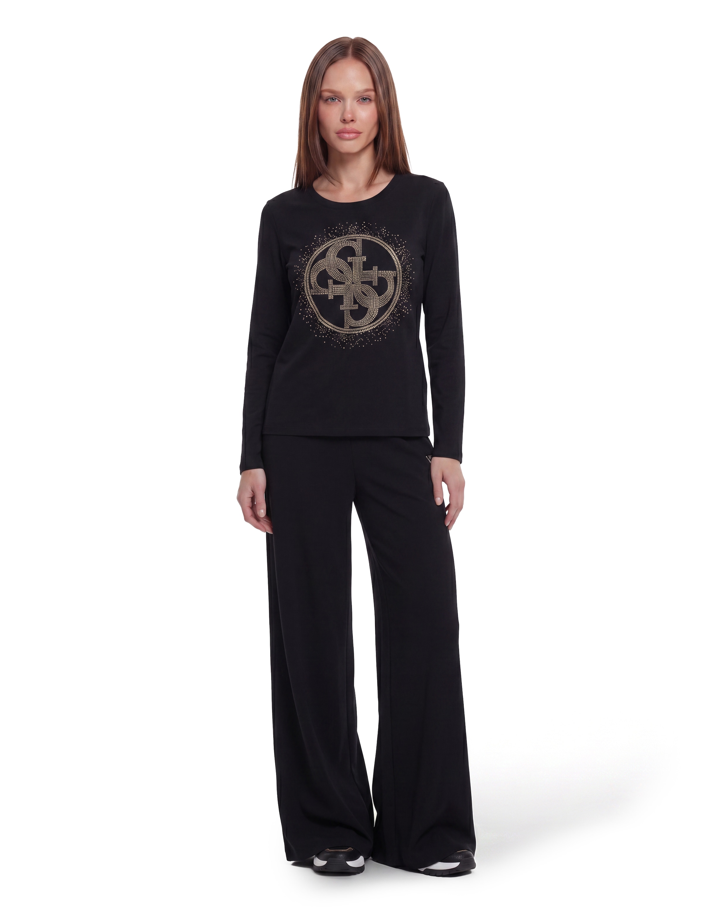 Guess Langarmshirt »LS CN 4G ROUND CRYSTALS LOGO« mit Nietenbesatz, Slim Fit