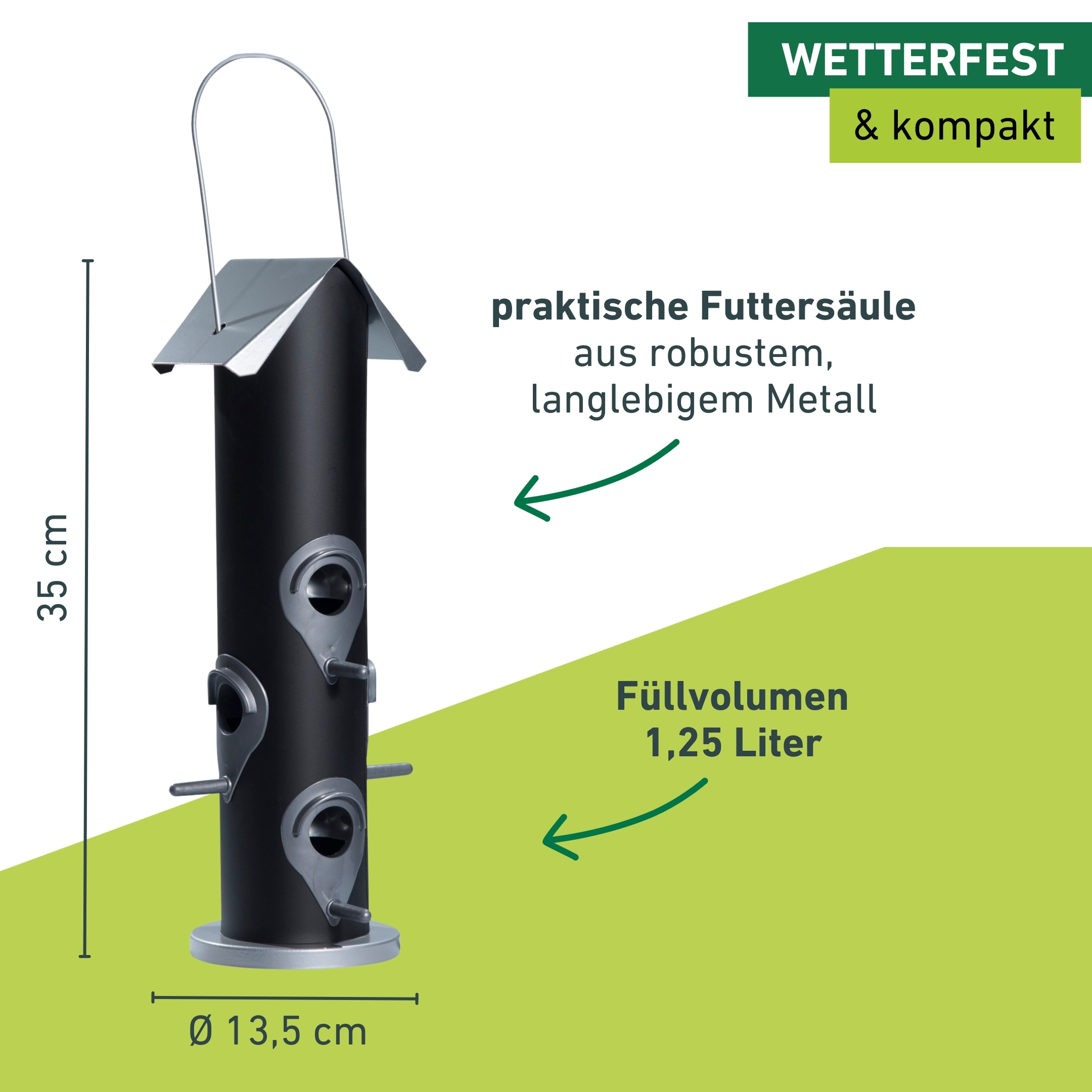Windhager Vogelhaus »Saatmischung, Vogelfuttersilo aus robustem Metall« Futterstation inkl. Aufhängung, Füllvolumen ca. 1,25l, 13,5x13,5x35cm