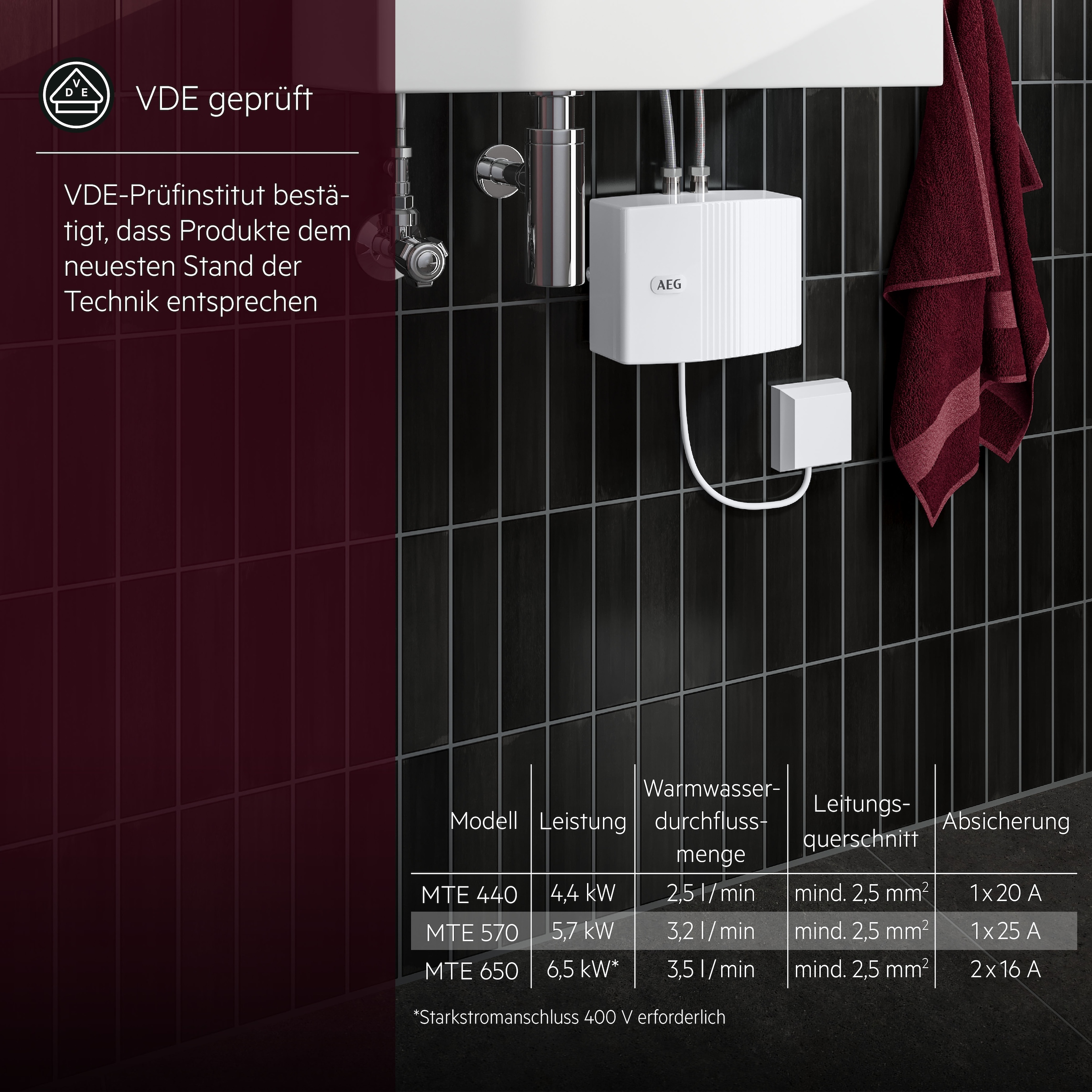 AEG Haustechnik Klein-Durchlauferhitzer »MTE 570 f. Handwaschbecken, 5,7 kW, o. Stecker« Festanschluss 230V, elektronisch, druckfest + drucklos