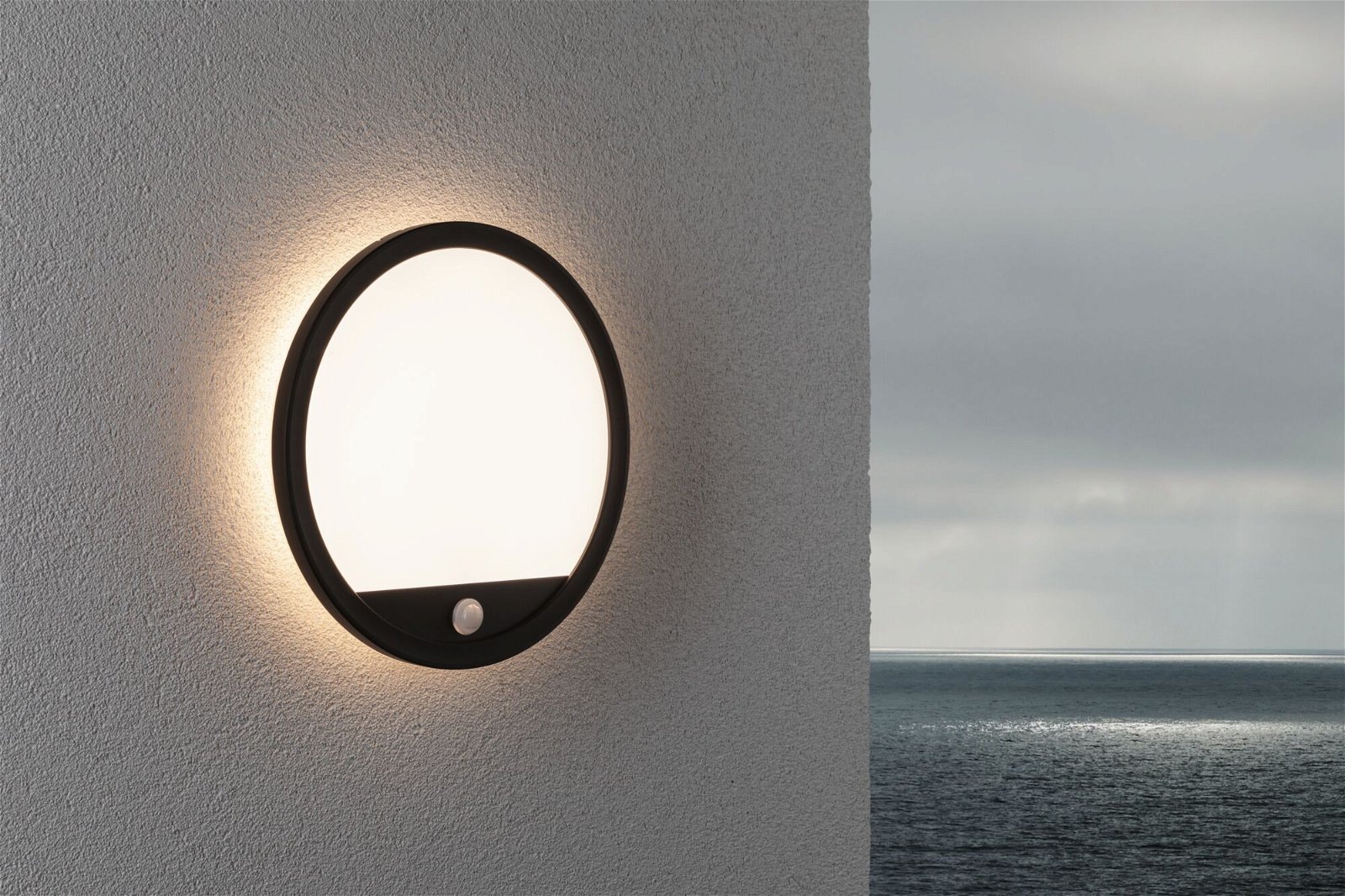 Paulmann LED Außen-Wandleuchte »Außenpanel Lamina rund 280mm 3000K 14,5W 1200lm 230V Kunststoff«, 1 flammig, Backlight Bewegungsmelder seewasserresistent IP44 1200lm