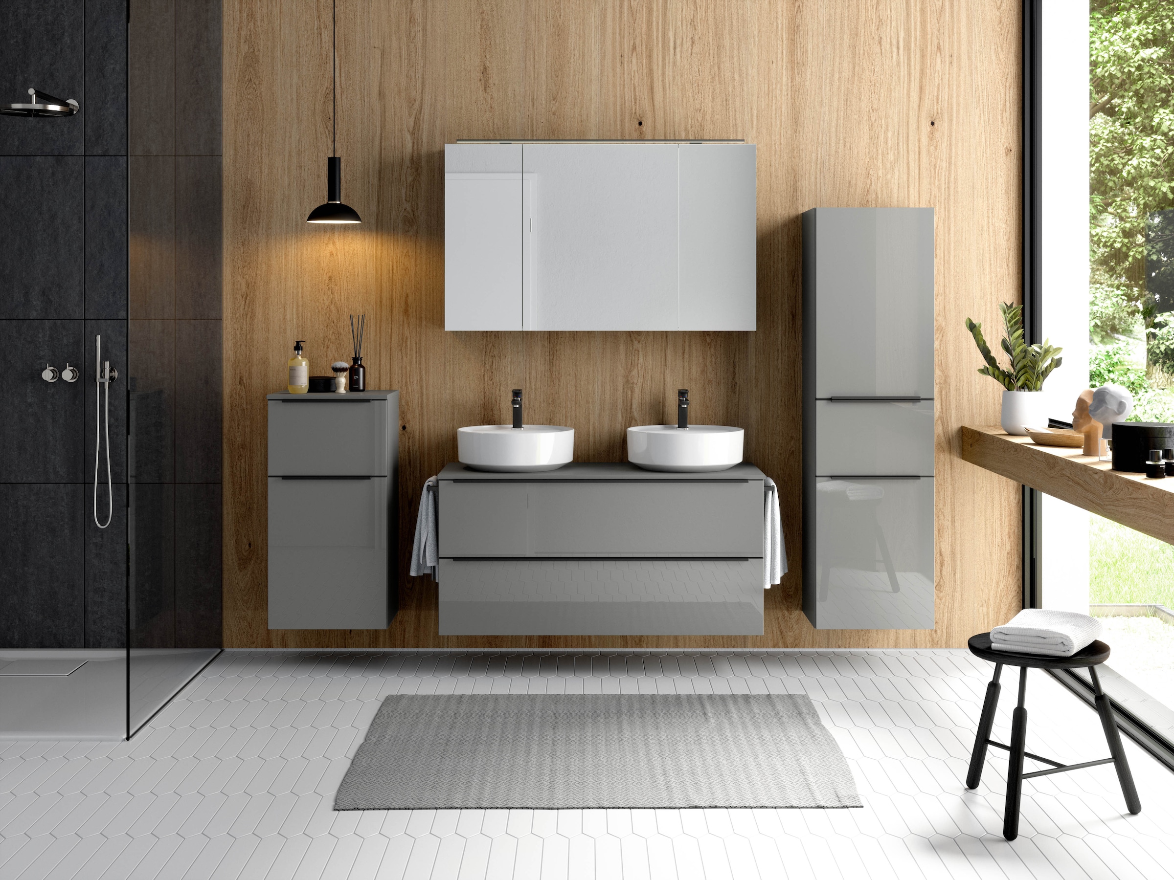 nobilia® Badmöbel-Set »Alvene«, (4 St., vormontiert, mit Soft-Close), inkl. Spiegelschrank mit Beleuchtung und Dimmerfunktion, in 4 Breiten