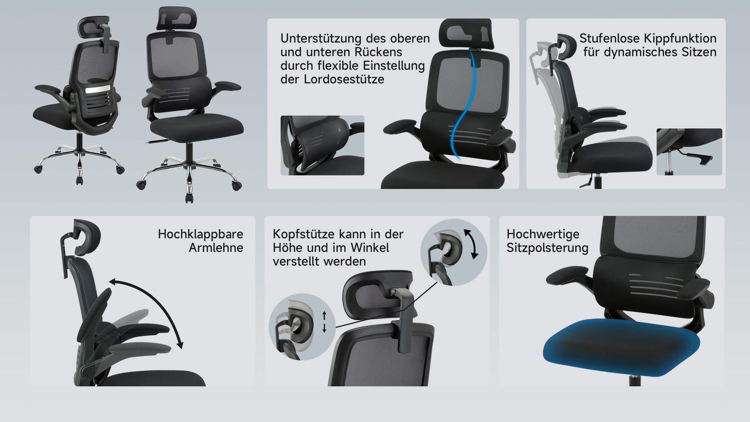 PLACES OF STYLE Bürostuhl »FABION« () mit Lordoseunterstützung, verstellbare Kopfstütze, klappbare Armlehnen