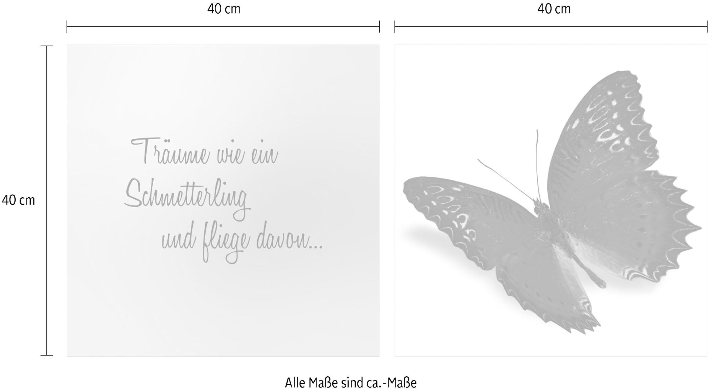 queence Leinwandbild »flieg davon«, Tiere-Schmetterlinge-Kunst-Modern-Spa-Spa Bilder-Sprüche-Sprüche & Texte-Schriftzug-Schriftzüge, (Set), Premium-Leinwandstoff, Handarbeit aus Deutschland, Spruch, 2er Set