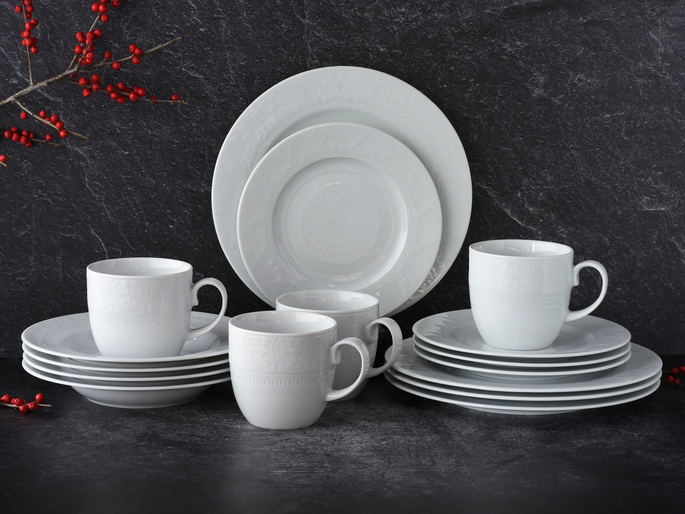 CreaTable Kombiservice »Geschirr-Set Classico«, (Set, 16 tlg., Kaffeeservice und Tafelservice im Set, für 4 Personen), Service, weiß, ausdrucksstarkes Relief, 16 Teile, für 4 Personen