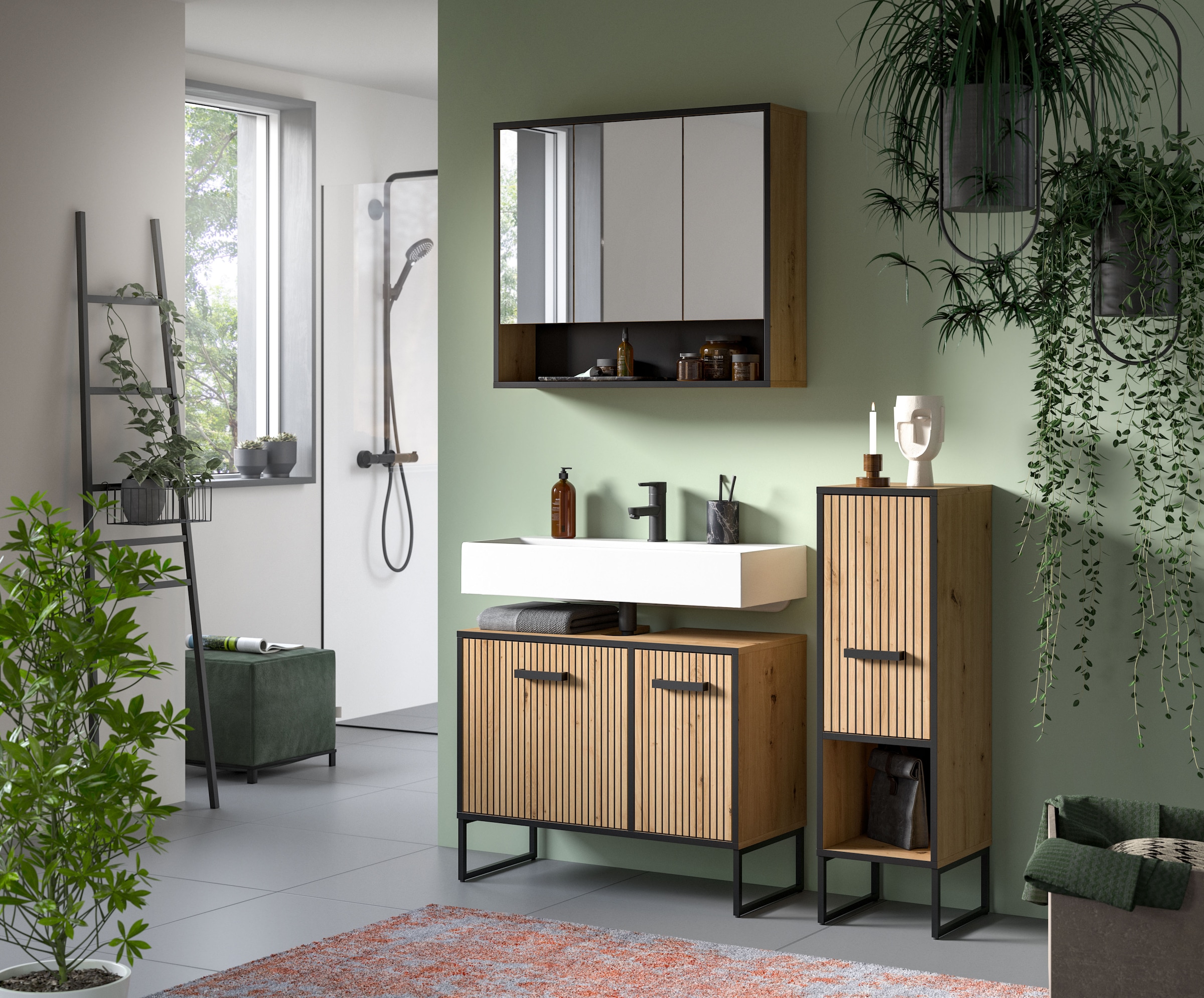 welltime Badmöbel-Set »LOCRI, 3-tlg. Badkombination, Breite 125 cm, Rillenoptik, Metallkufen« bestehend aus: Waschbeckenunterschrank, Spiegelschrank & Standschrank, 3 Stk. tlg.