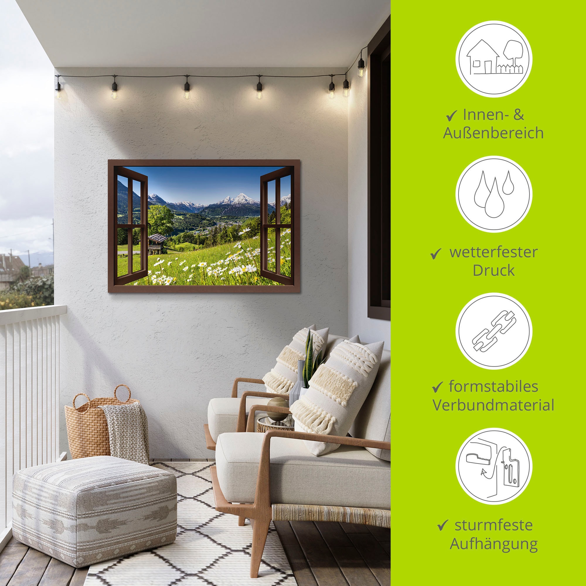 Artland Wandbild »Fensterblick Bayerischen Alpen«, Berge, (1 St.), als Alubild, Outdoorbild, Leinwandbild, Poster, Wandaufkleber