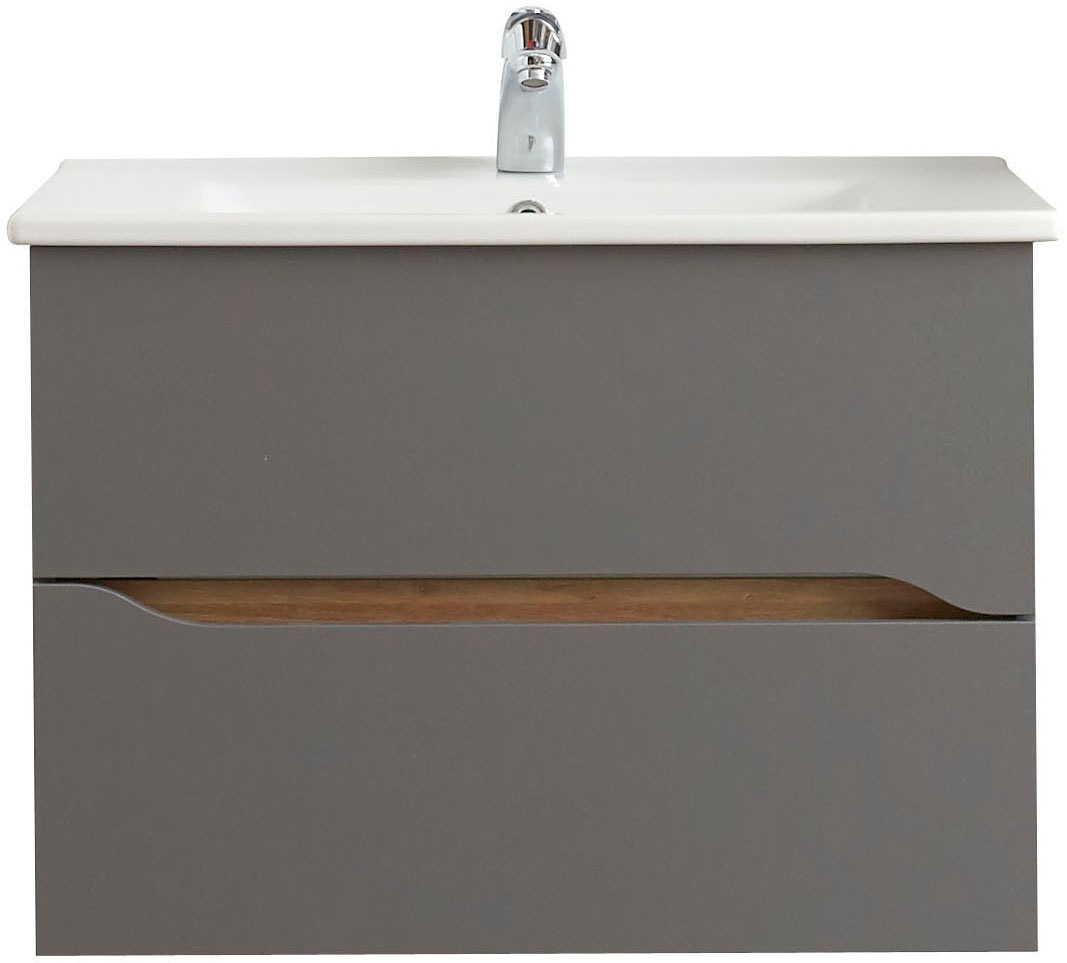 Saphir Badmöbel-Set »Quickset 3-teilig, Keramik-Waschtisch und LED-Spiegelschrank«, (5 St.), mit Midischrank, 2 Türen, 1 Nische, 2 Schubladen, inkl. Türdämpfer