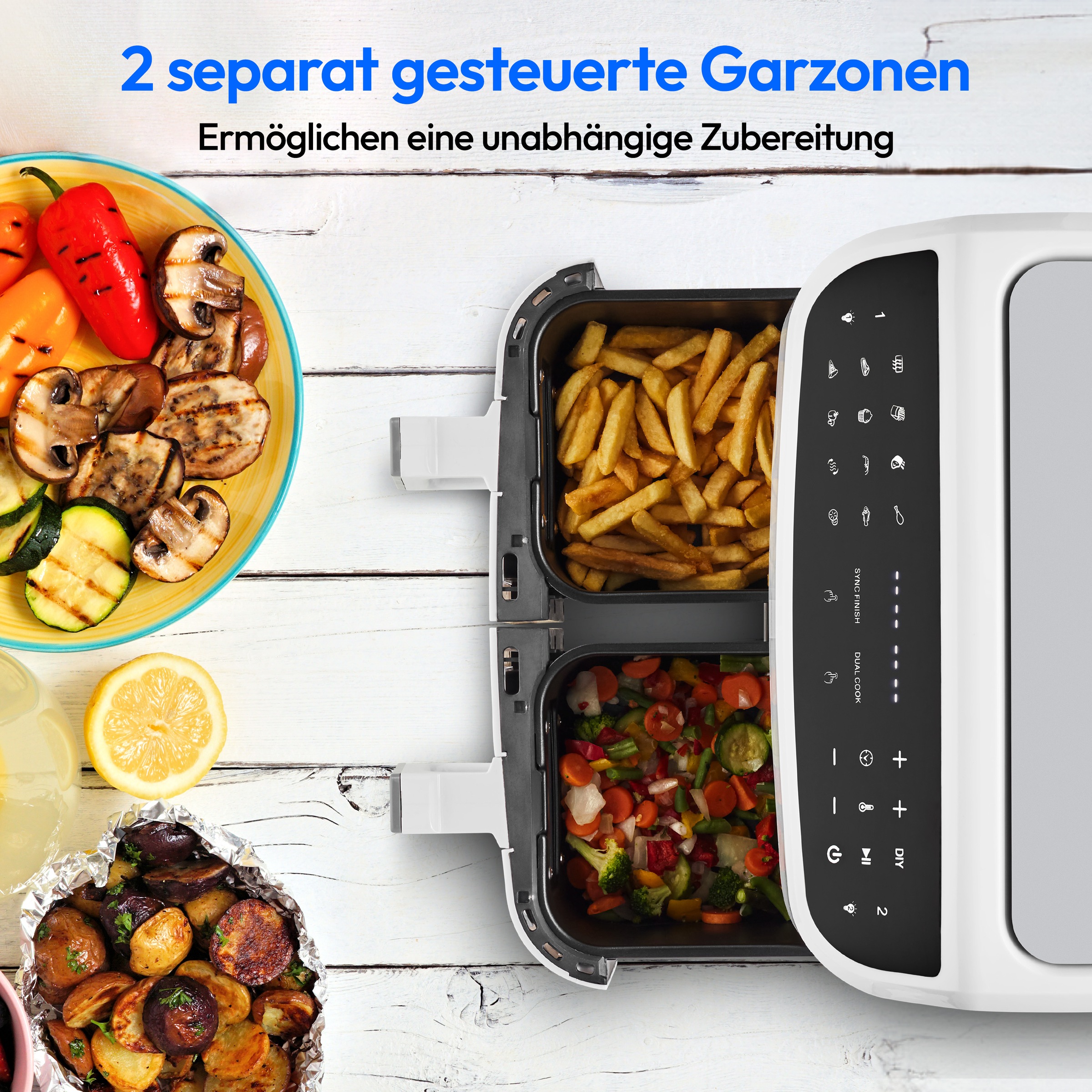 Medion® Heißluftfritteuse »P20 XL (MD 11760) 8,7 L Korbvolumen, 9 Automatikprogramme, Dual Cook«, 2400 W, Temperatur 50 - 200 °C, ILAG Beschichtung, Sync-Finish