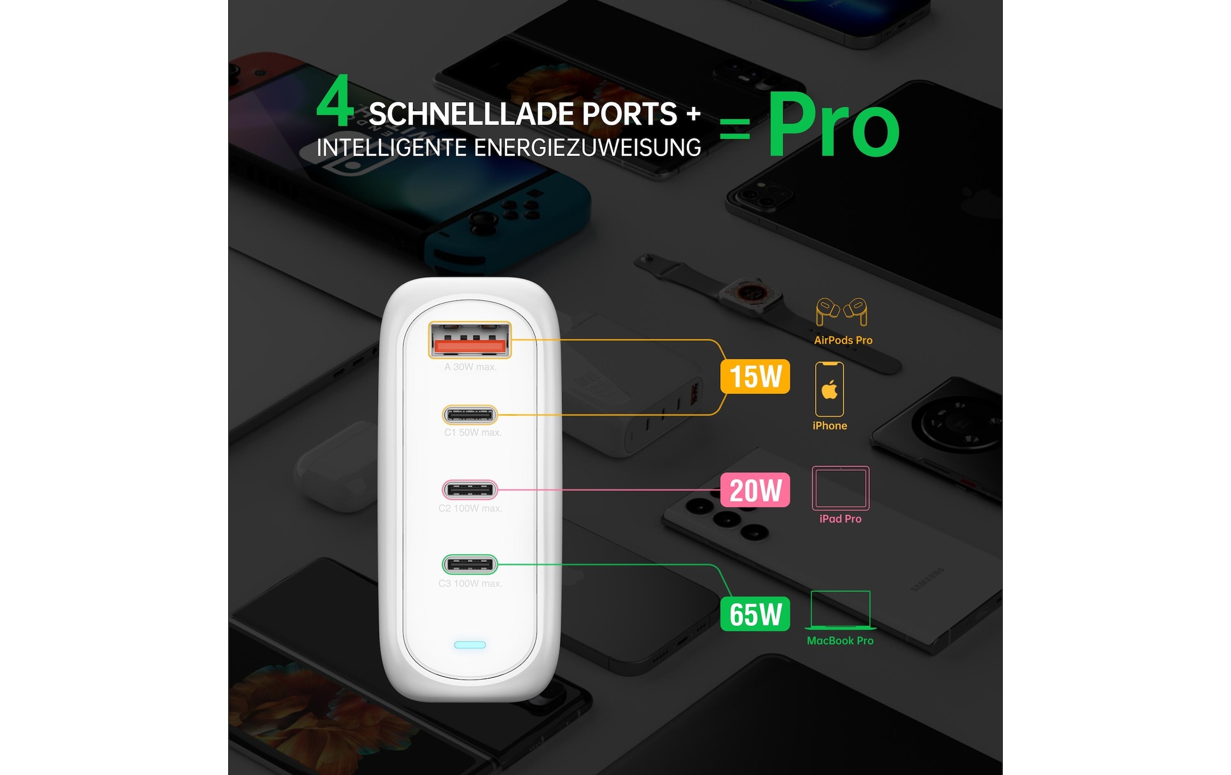 4smarts Ladestation »GaN Flex Pro 100W 3 USB-C+1 USB-A Travel Edition«
