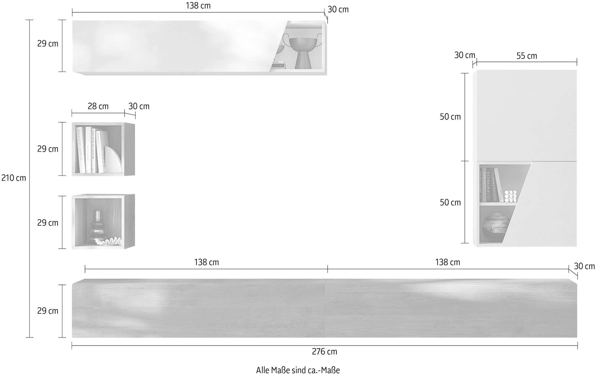 INOSIGN Wohnwand »INFINITY, 6tlg. Breite 276 cm, moderne Mediawand,«, (6 St.), (2x Lowboard hängend, 2x Hängewürfel, Hängeschrank, Würfelregal Set)