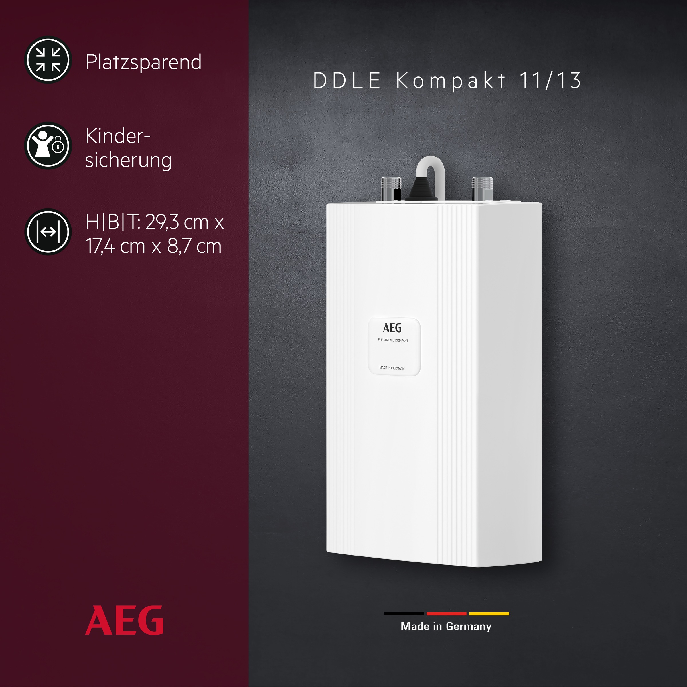 AEG Haustechnik Kompakt-Durchlauferhitzer »DDLE Kompakt 11/13 kW, umschaltbar für die Küche«, kompakt, ideal für unter die Küchenspüle