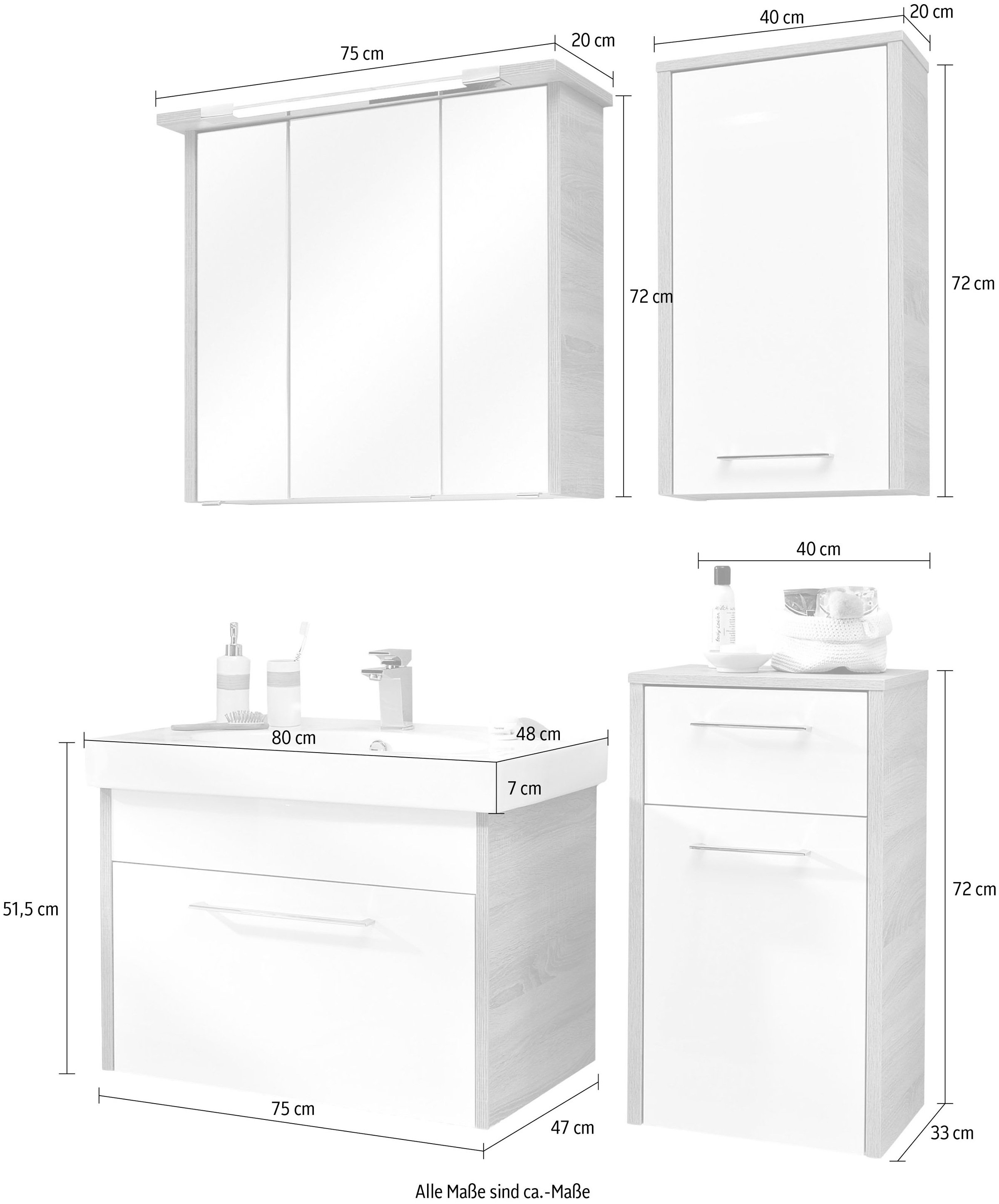 Saphir Badmöbel-Set »Quickset 382 4-teilig Keramik-Waschtisch mit LED-Spiegelschrank«, (5 St.), Unterschrank, Hängeschrank, inkl. Türdämpfer, 5 Türen, 2 Schubladen