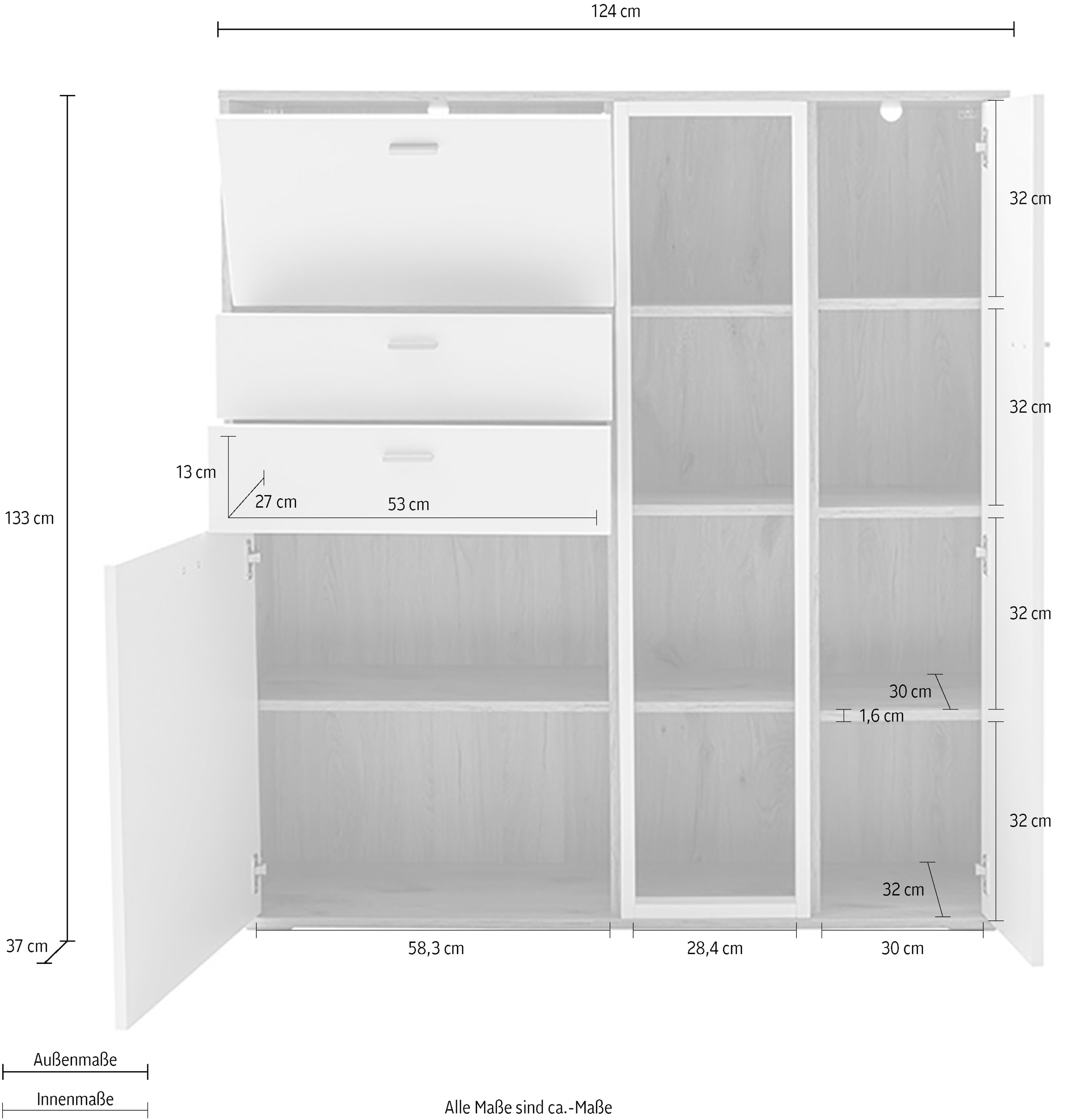 MCA furniture Highboard »SANTERNO«, mit 2 Türen, 2 Schubkästen,gedämpft, 1 Klappe, 4 Fächer, Breite 124 cm