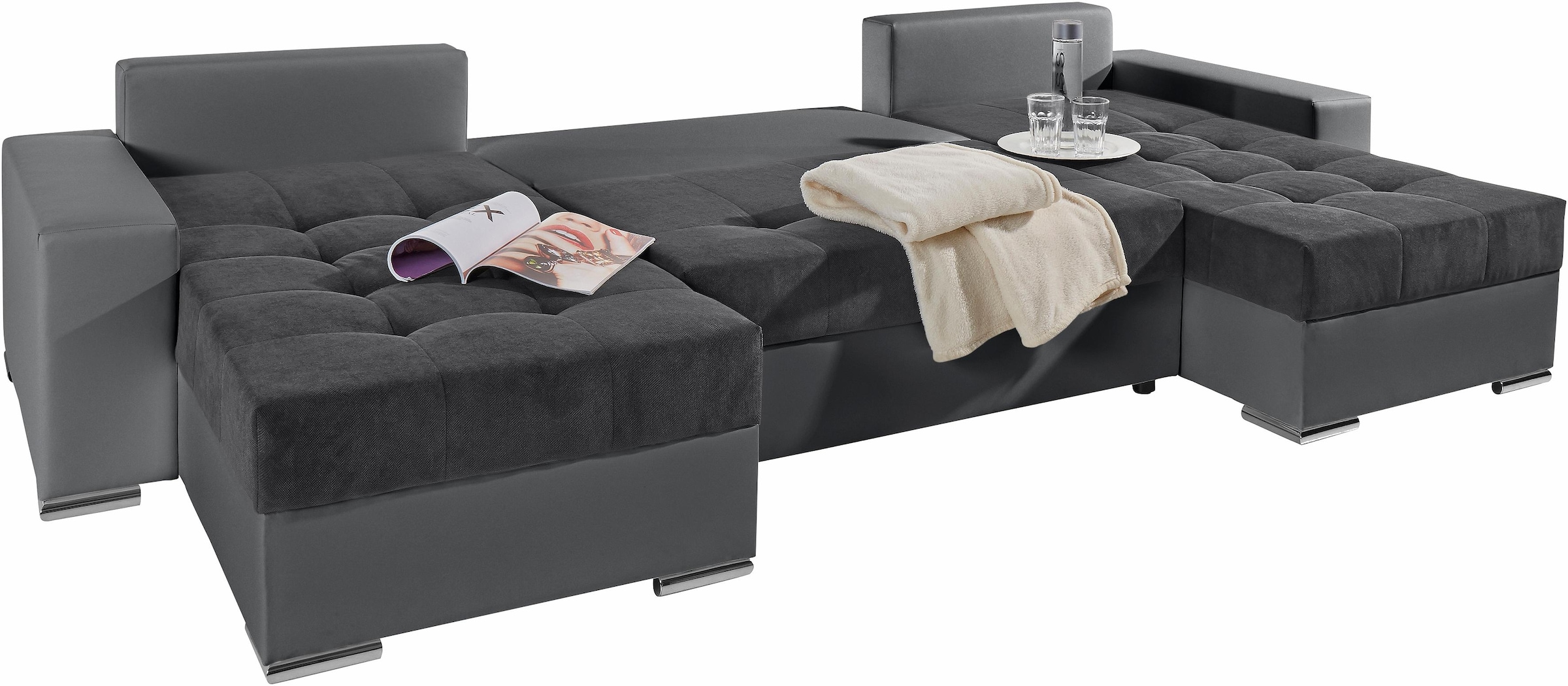 COLLECTION AB Wohnlandschaft »XL-Josy U-Form, Breite 313 cm, Flachgewebe, Struktur, Kunstleder«, inkl. Bettfunktion, Bettkasten, mit 4 gleich großen Rückenkissen