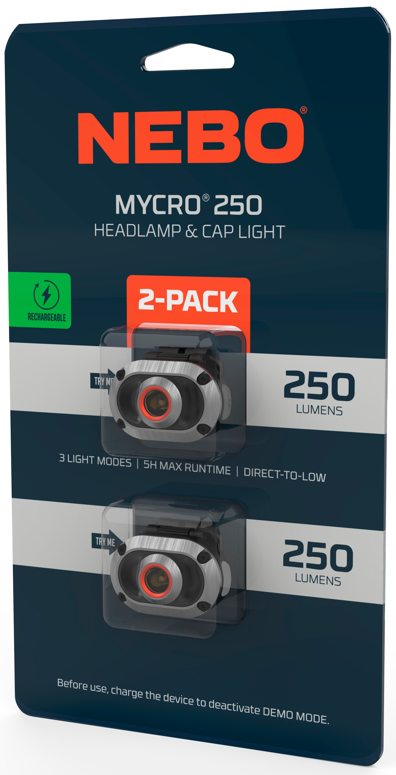 NEBO LED Stirnlampe »Nebo MYCRO 250 (2 pack)« Set, 2x Stirnlampe inkl. Ladekabel, Strinband, 5 Stk. tlg.