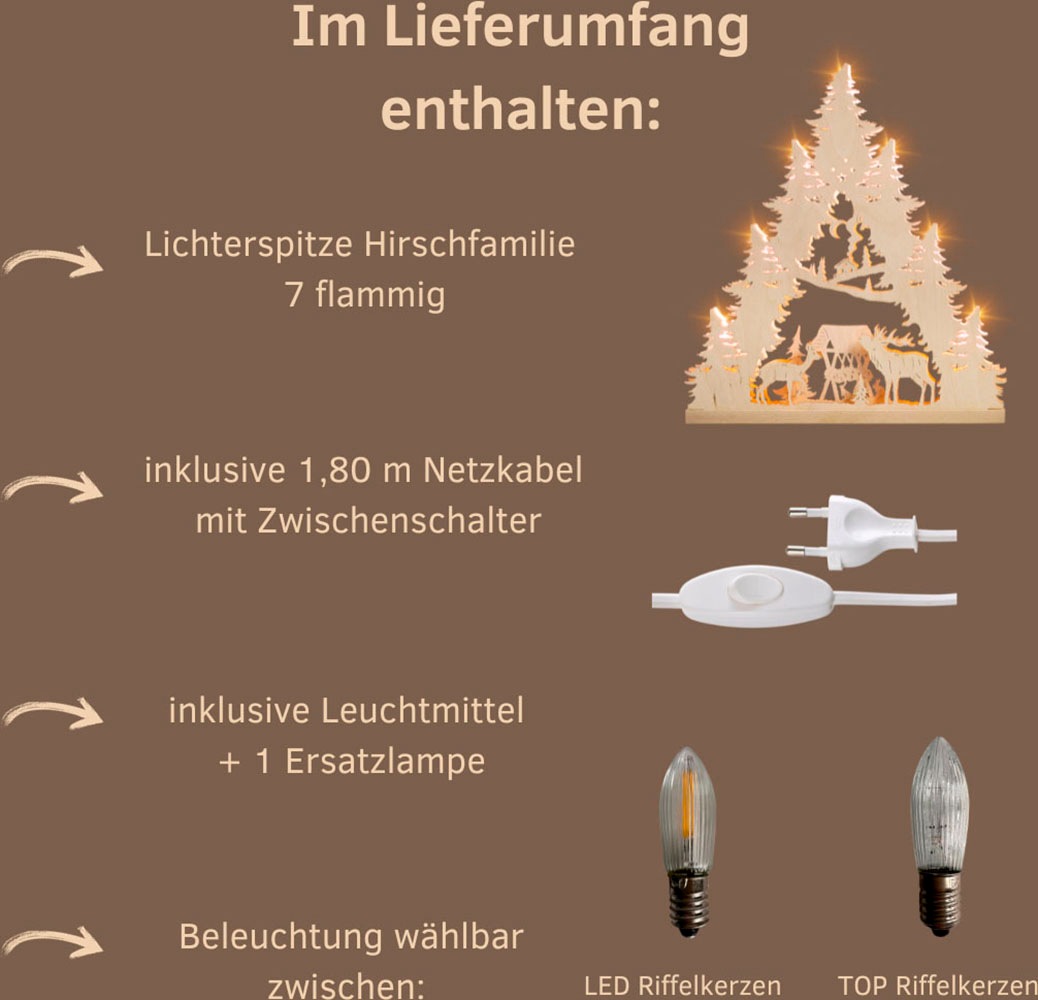 Weigla LED Lichterbogen »Hirschfamilie, Schwibbogen aus Holz, NATUR, Made in Germany«, Erzgebirge garantiert, Weihnachtsdeko Innen, Weihnachtsbeleuchtung