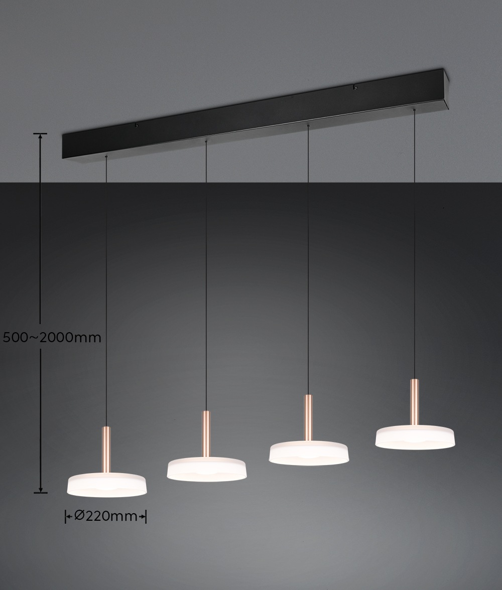 TRIO Leuchten LED Pendelleuchte »CELESTE dimmbare LED Hängelampe aus Metall und Glas, 7,5W, 750 Lumen«, 4 flammig, Leuchtmittel LED-Board | LED fest integriert, 4-flammig einfach höhenverstellbar von 50-200 cm 3-Stufen Dimmfunktion