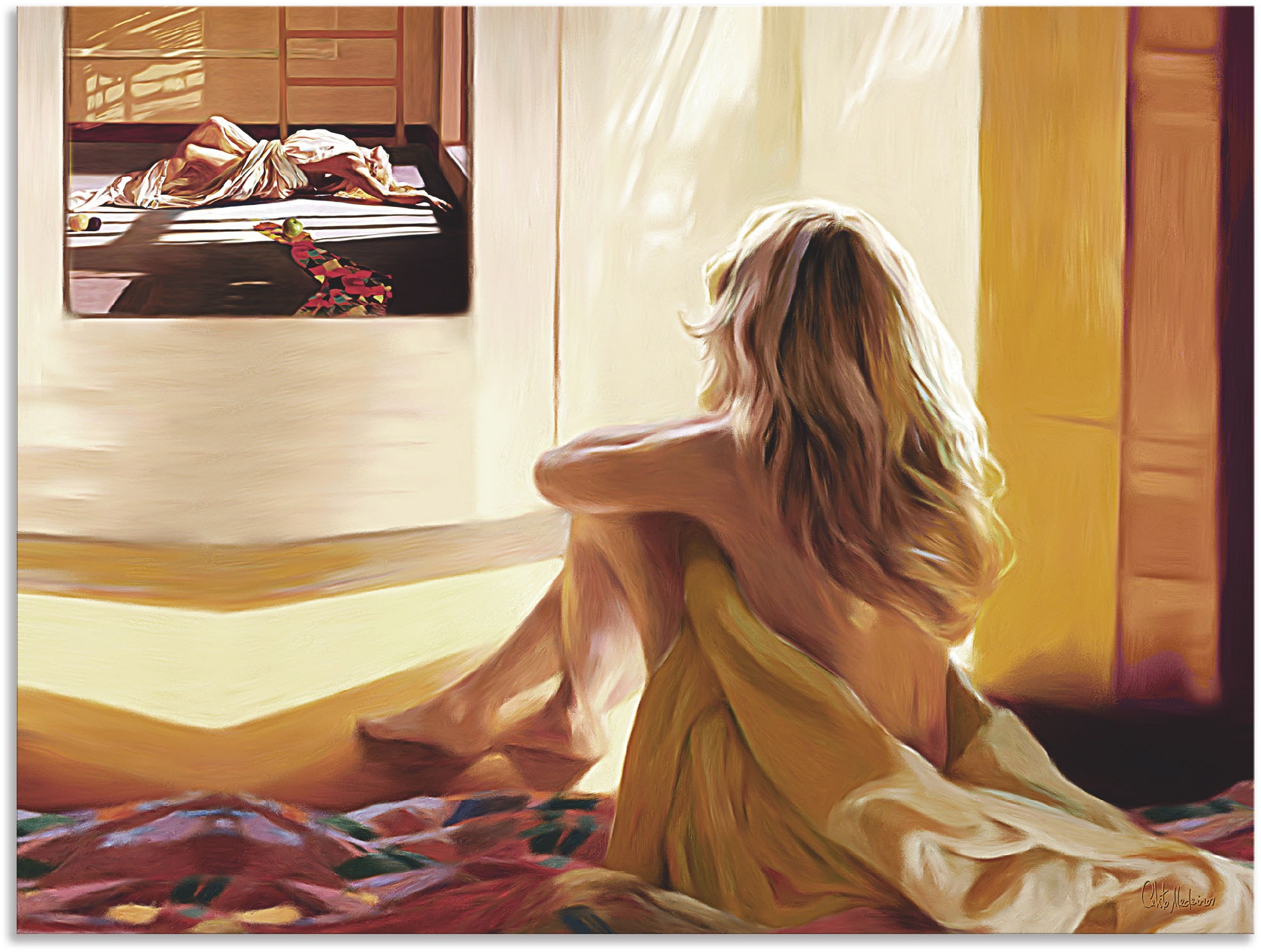 Artland Wandbild »Blondes Mädchen Poster Frauen, von Größen als (1 sitzt Wandaufkleber Bett«, Leinwandbild, online Bilder oder versch. bestellen auf Alubild, St.), in dem