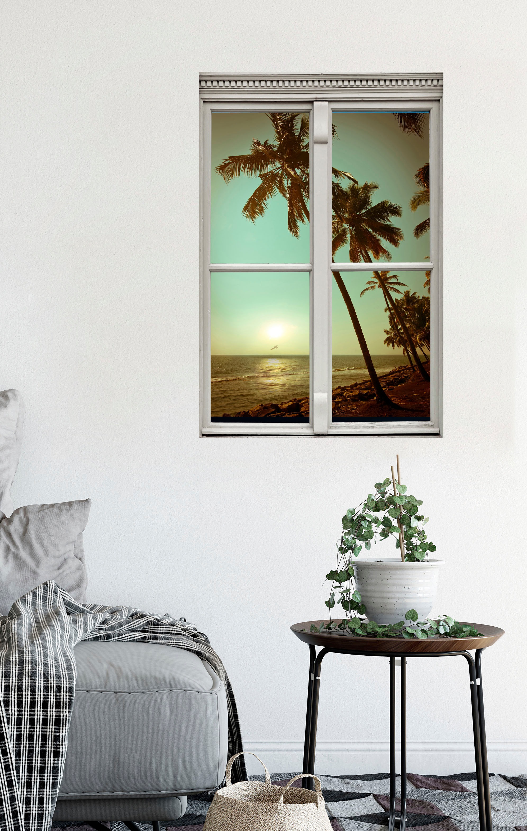 queence Wandsticker »Palmenstrand«, Wandsticker, Wandbild, selbstklebend, 3D, Fenster
