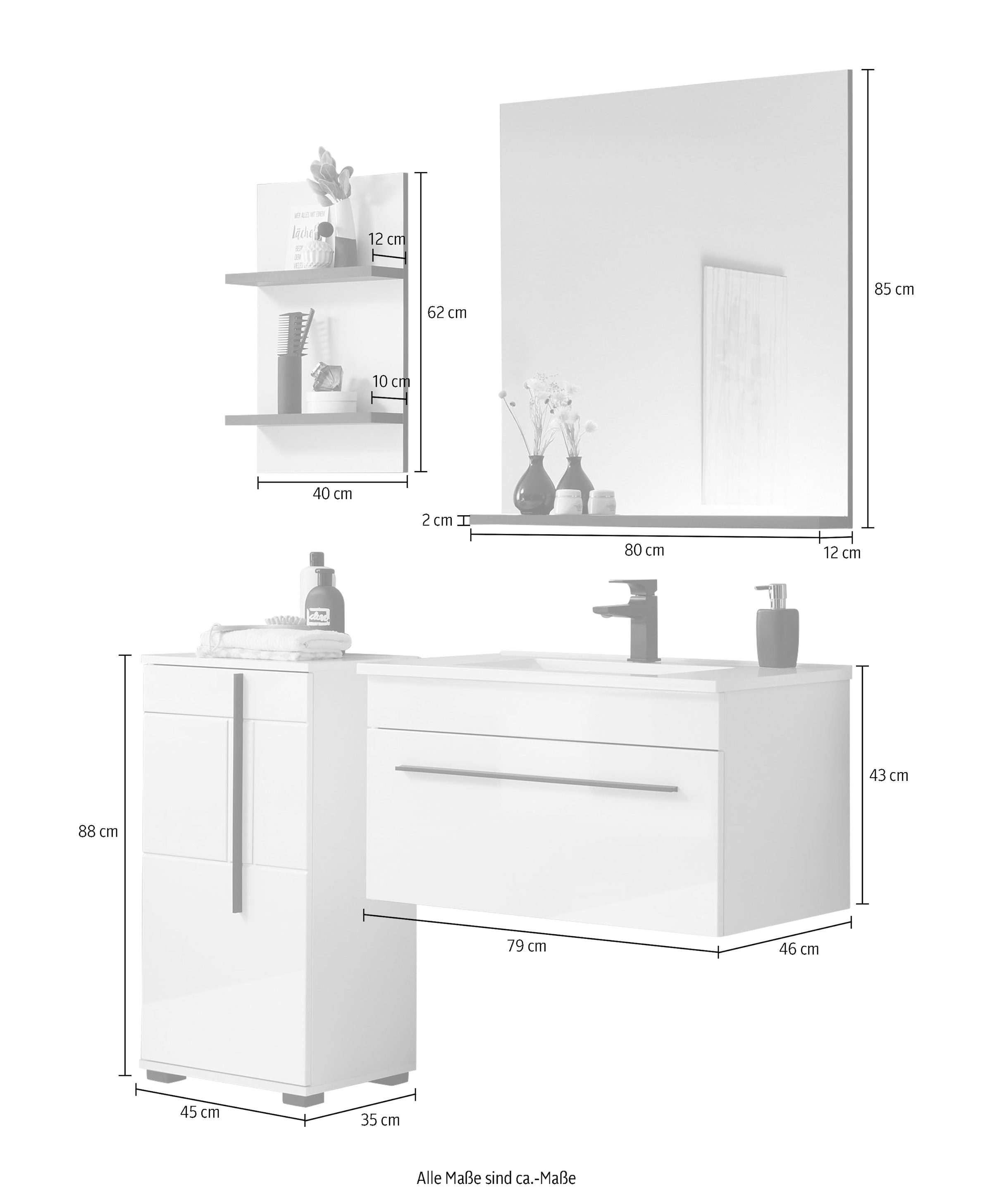 INOSIGN Badmöbel-Set »Cantara, Bad im modernen Design, 4-teiliges Badezimmer«, (Set, 4 St.), Waschtisch, Schrank, Hängeregal und Spiegel, in Weiß Hochglanz