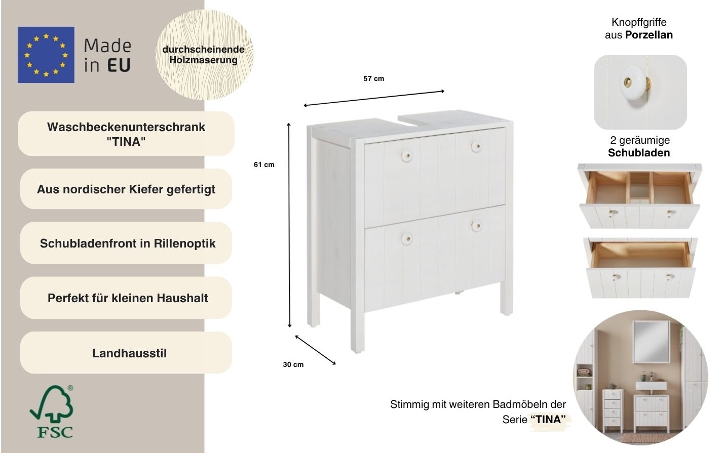 Home affaire Waschbeckenunterschrank »Tina« Badmöbel,  Schrank, Breite 60 cm, Massivholz