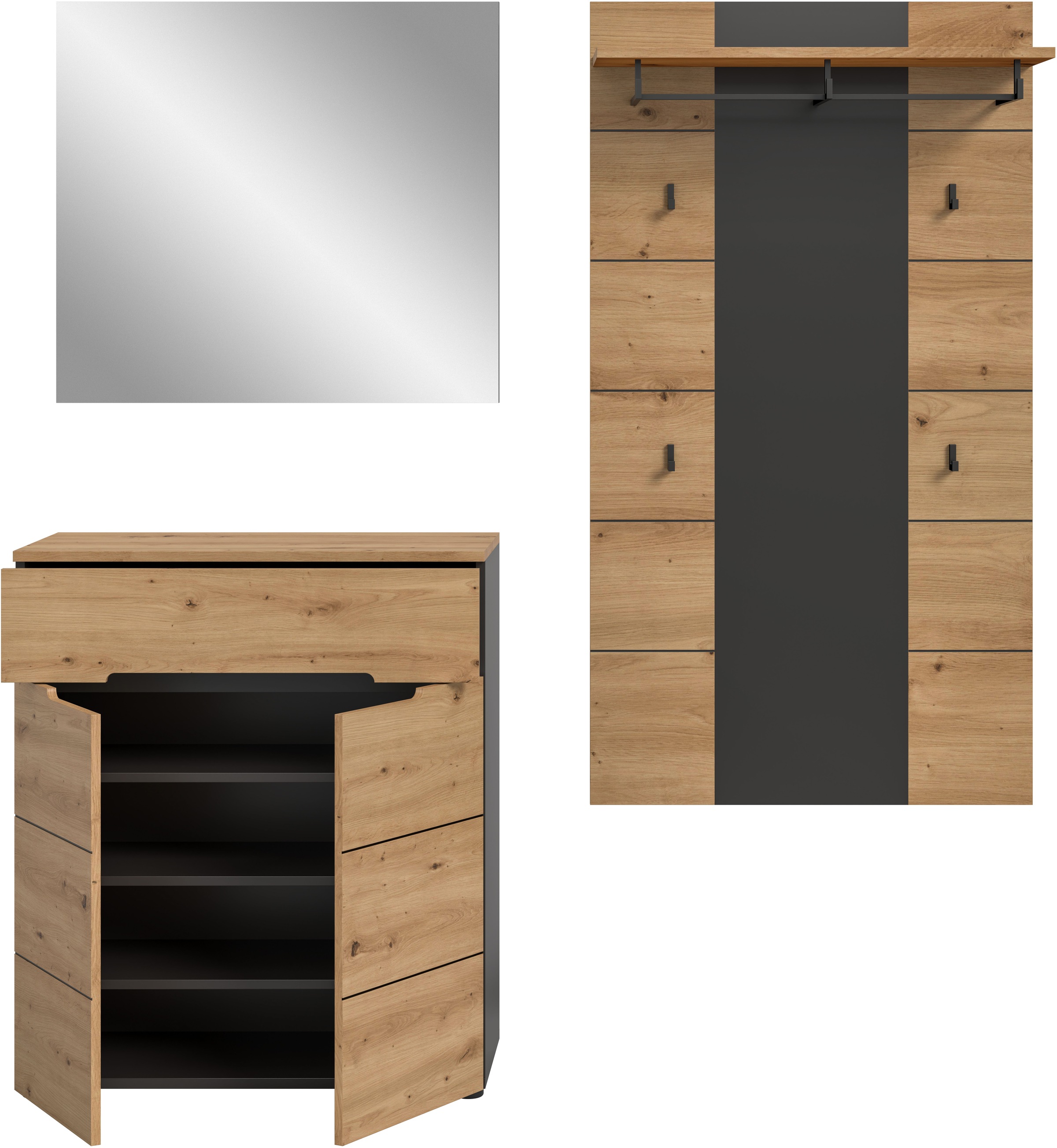 INOSIGN Garderoben-Set, (Set, 3 St., bestehend aus: Kommode, Spiegel und Garderobenpaneel), Garderobenkombination, Kombination, Set, Flurgarderobe, Diele