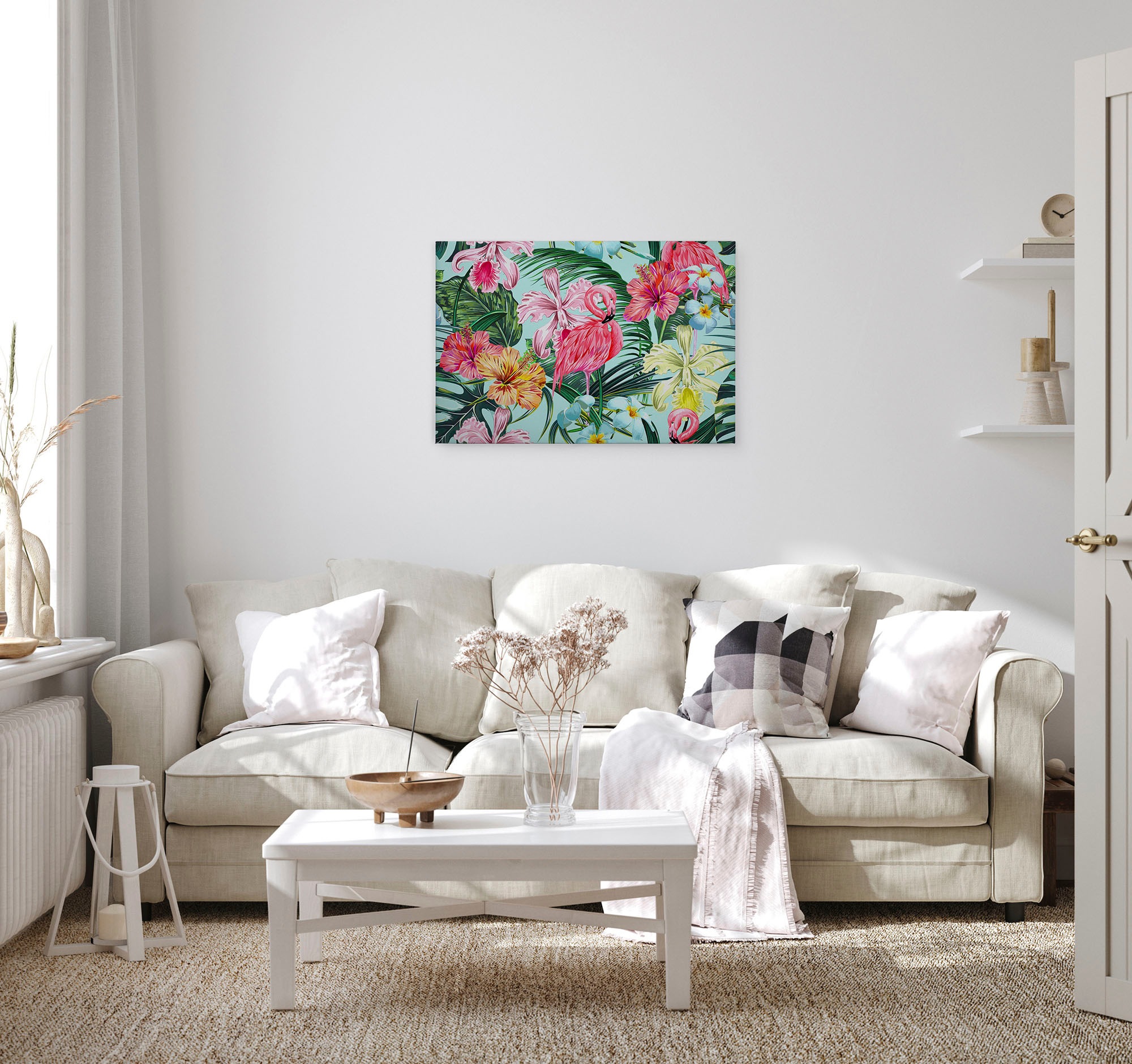 A.S. Création Leinwandbild »Flamingo Art«, Kunst-Blumen-Kinder, (1 St.), Dschungel Keilrahmen Flamingo Exotisch Hawaii Leinwand-Bild Wohnzimmer