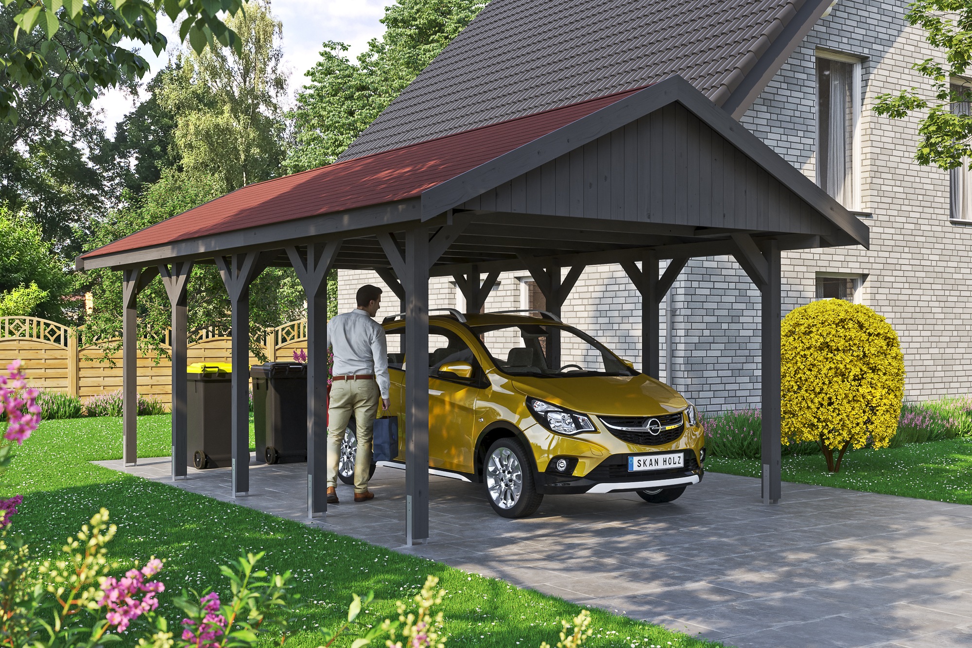 Skanholz Einzelcarport »Wallgau«, Nadelholz, 340 cm, Schiefergrau, mit roten Dachschindeln