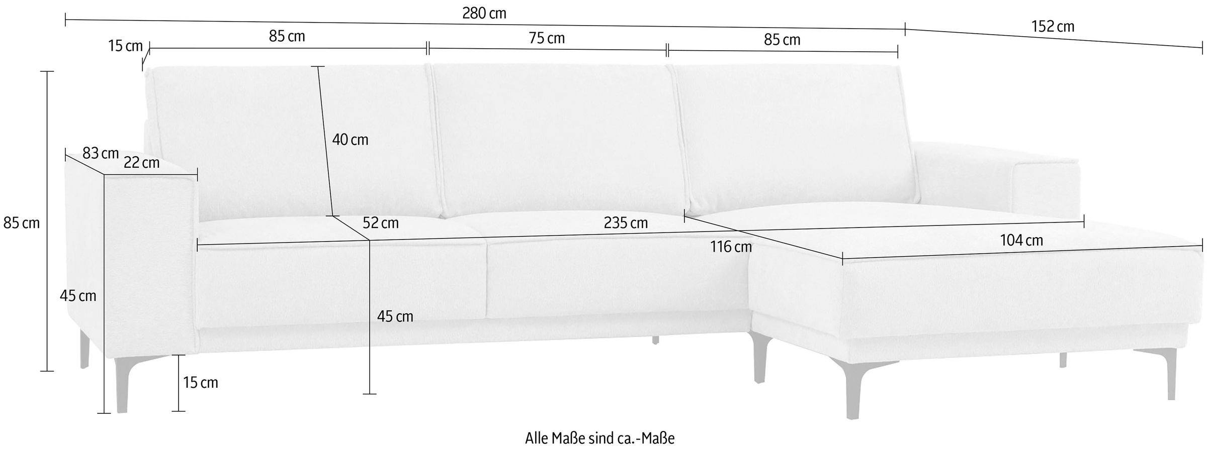 Places of Style Ecksofa »Polsterecke Oland, Struktur, Flachgewebe, Luxus-Microfaser, Boucle«, L-Form, 280 cm, Wellenunterfederung, Skandi-Design, Metallfüße