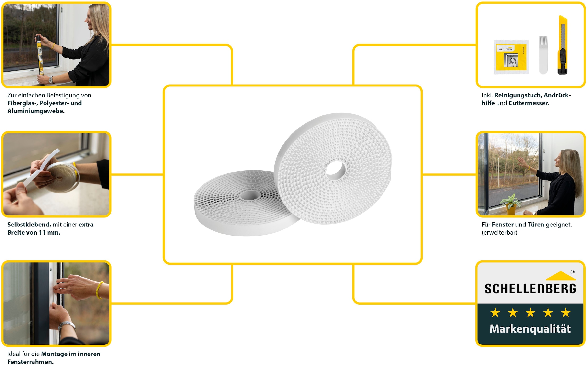 SCHELLENBERG Klett-Klebeband »Plus für Fliegengitter Fenster aus Polyester-, Fibergas- und Alugewebe«, Befestigungsband 5,6 m, individuell zuschneidbar, inkl. Montagezubehör