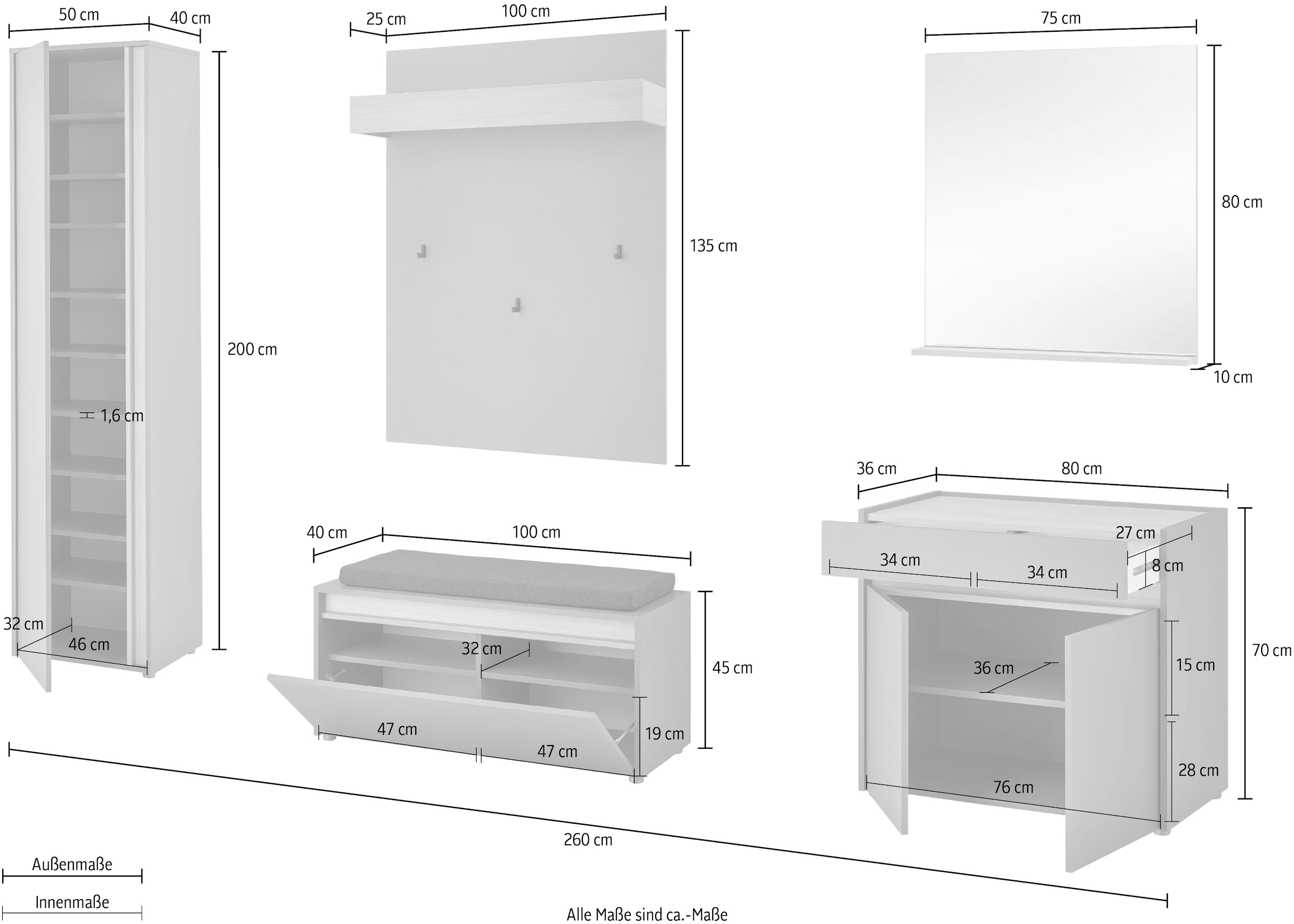 INOSIGN Garderoben-Set »GIRON/CiTY, moderne Garderobe, Komplettset mit viel Stauraum«, (Komplett-Set, 5 St.), enthält Schrank, Kommode, Spiegel, Paneel & Schuhbank +Sitzkissen