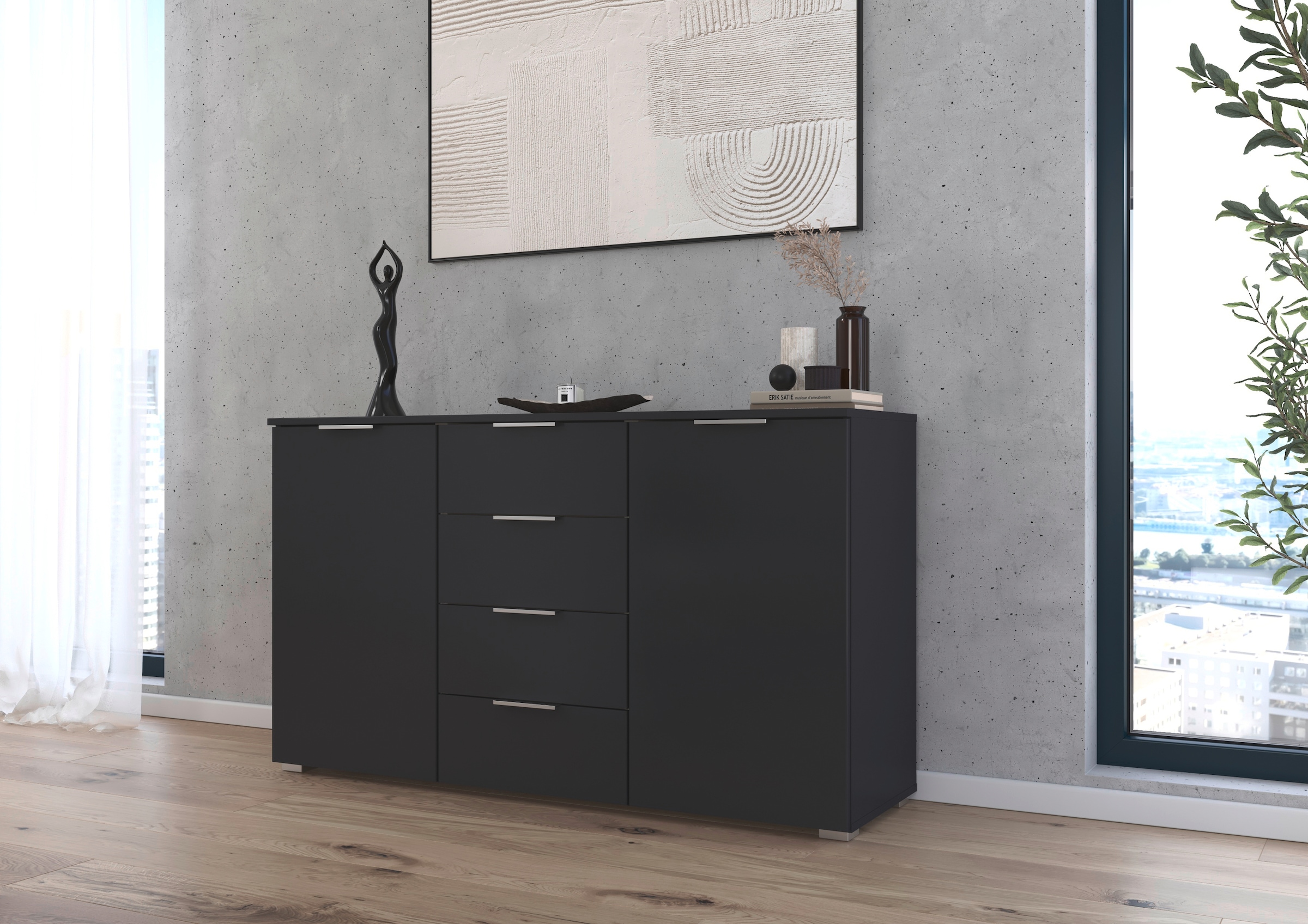 rauch Kombikommode »Sideboard Schubladenkommode AGORDO mit Dekor- oder Hochglanzfront«, (in zwei Griff-Farben), mit 4 Schubkästen und 2 Türen sowie Metallgriffen MADE IN GERMANY
